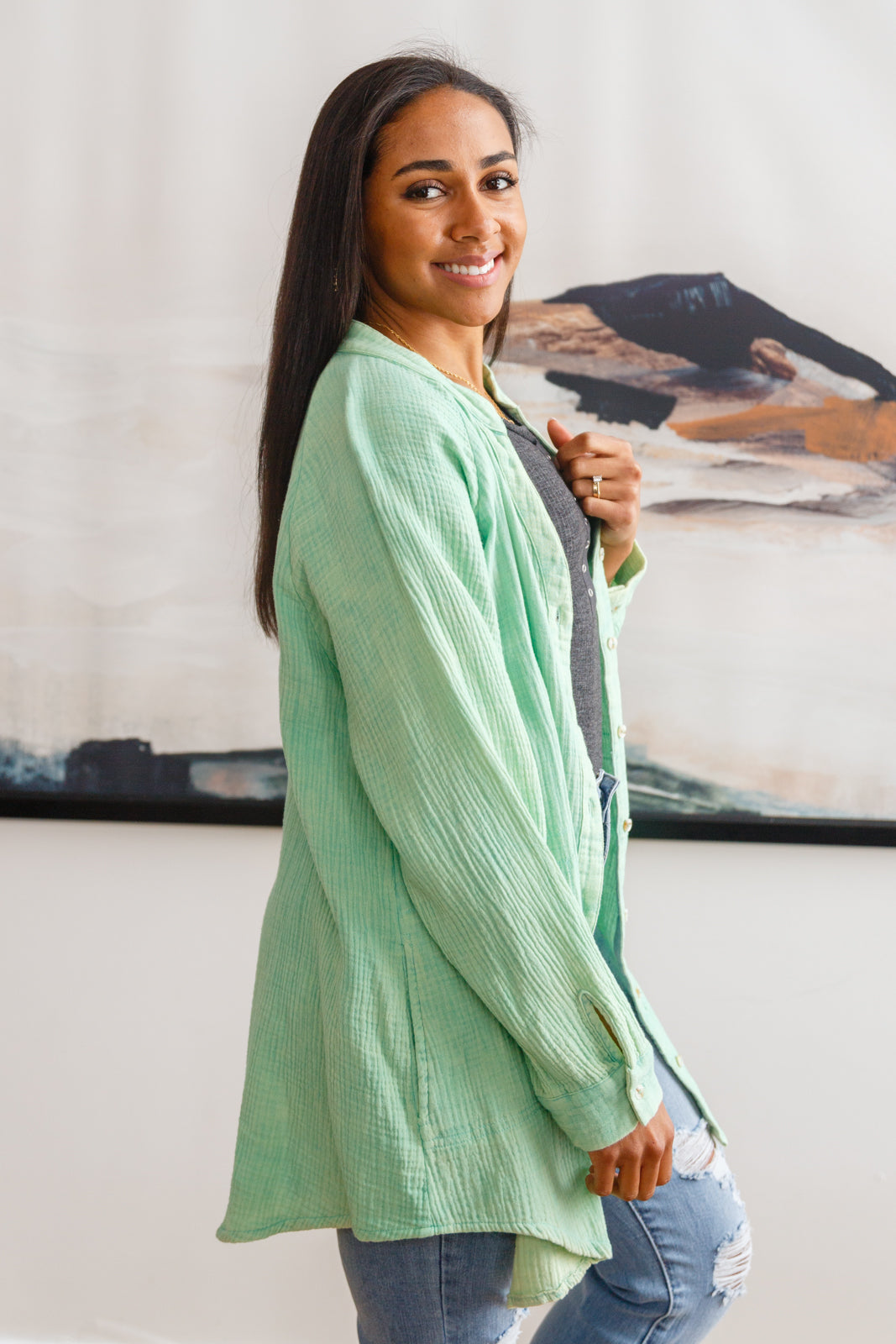 Corey Button Up Top In Vintage Green-Long Sleeve Tops-Krush Kandy, Women's Online Fashion Boutique Located in Phoenix, Arizona (Scottsdale Area)