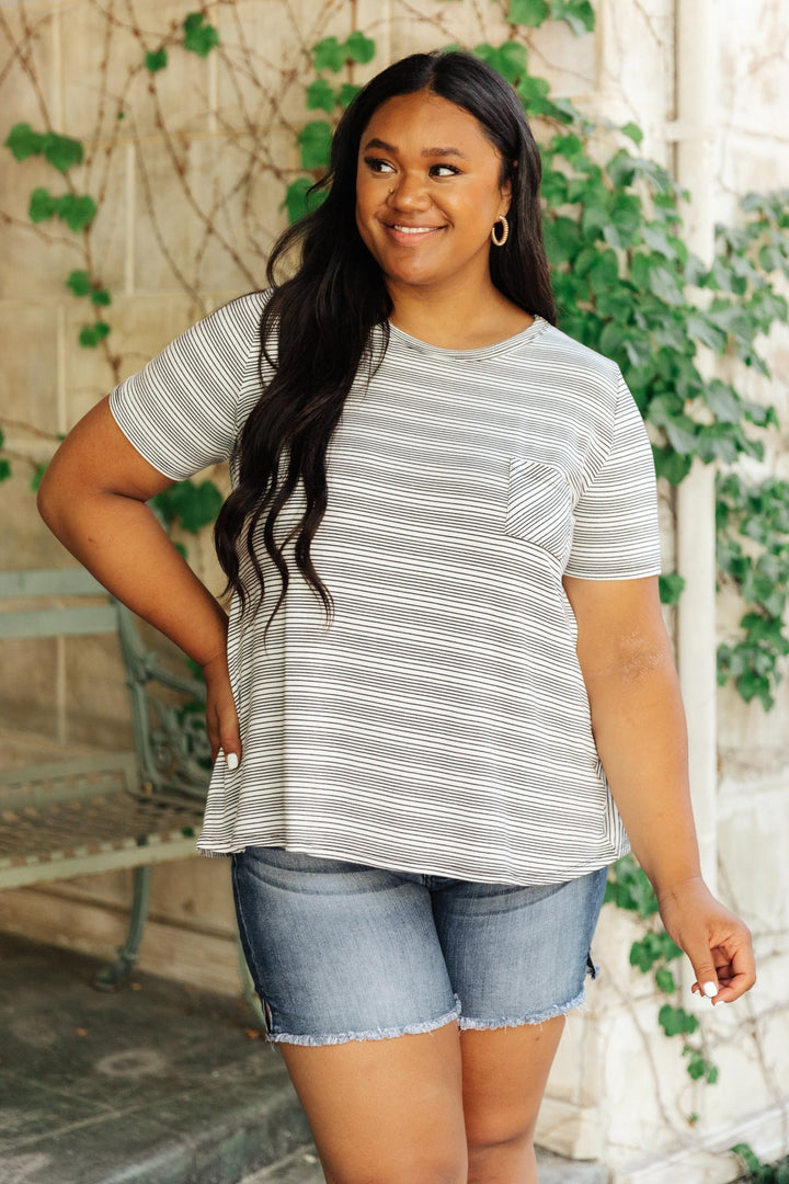 Cozy In Stripes Top in Gray-Short Sleeve Tops-Krush Kandy, Women's Online Fashion Boutique Located in Phoenix, Arizona (Scottsdale Area)