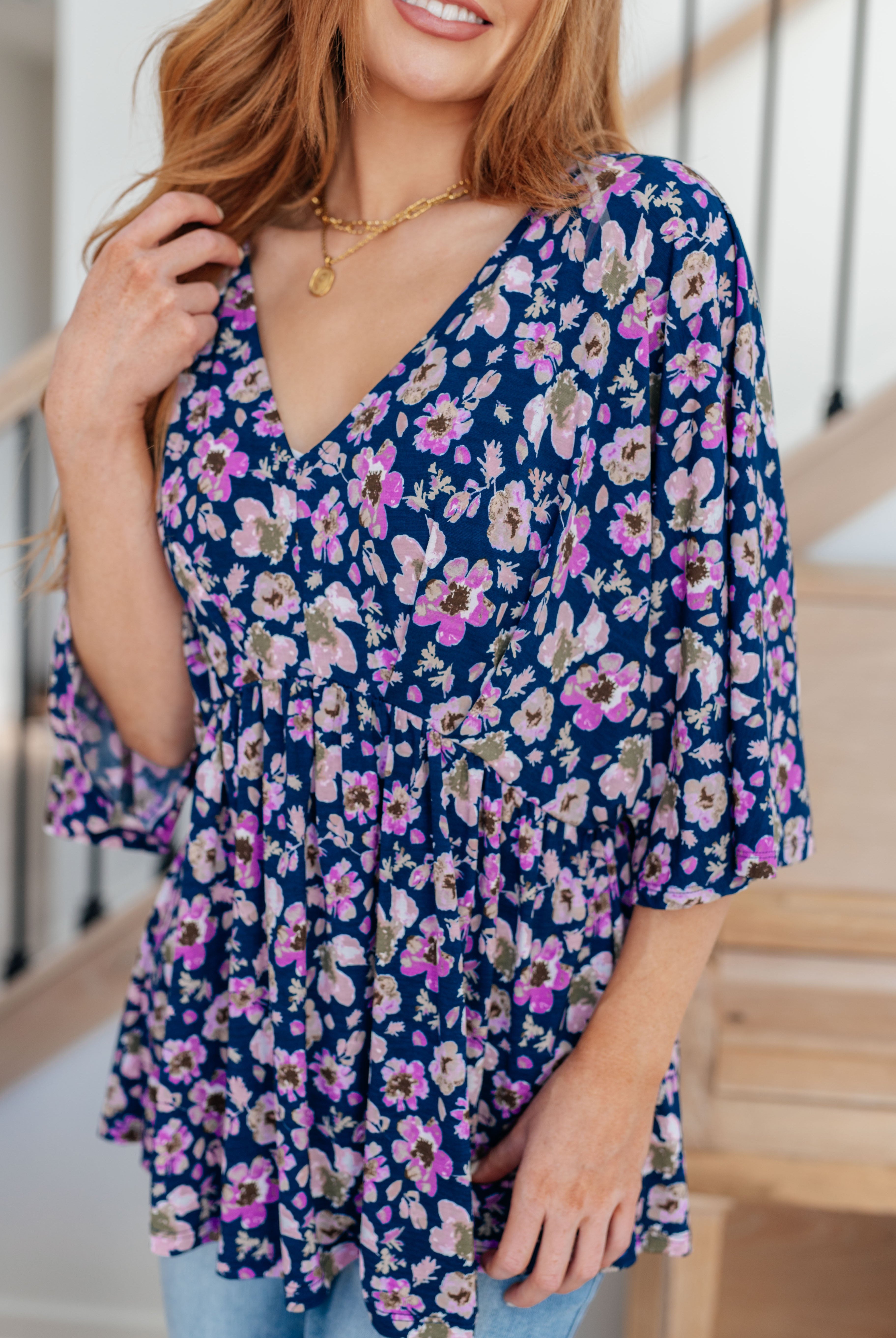 Dearest Dreamer Peplum Top in Navy Floral-Short Sleeve Tops-Krush Kandy, Women's Online Fashion Boutique Located in Phoenix, Arizona (Scottsdale Area)