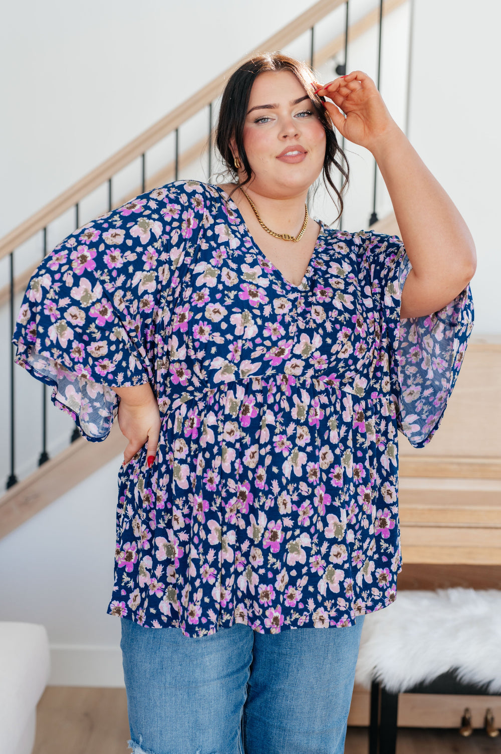 Dearest Dreamer Peplum Top in Navy Floral-Short Sleeve Tops-Krush Kandy, Women's Online Fashion Boutique Located in Phoenix, Arizona (Scottsdale Area)