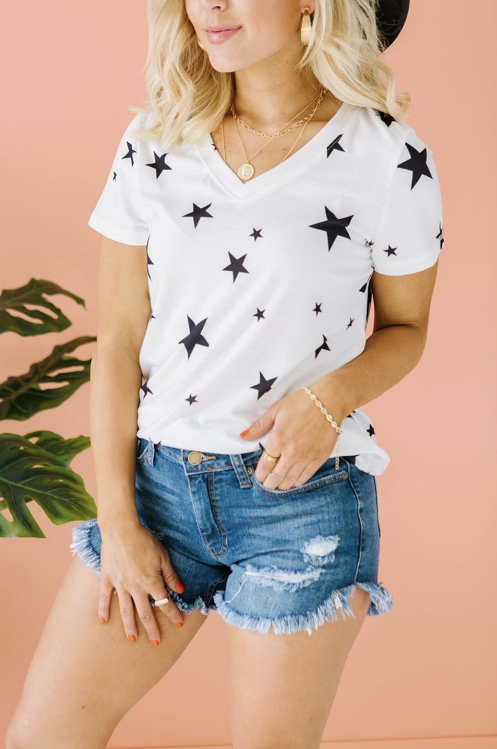 S-2X (2 Colors) V-Neck Star Tunic-Short Sleeve Tops-Krush Kandy, Women's Online Fashion Boutique Located in Phoenix, Arizona (Scottsdale Area)