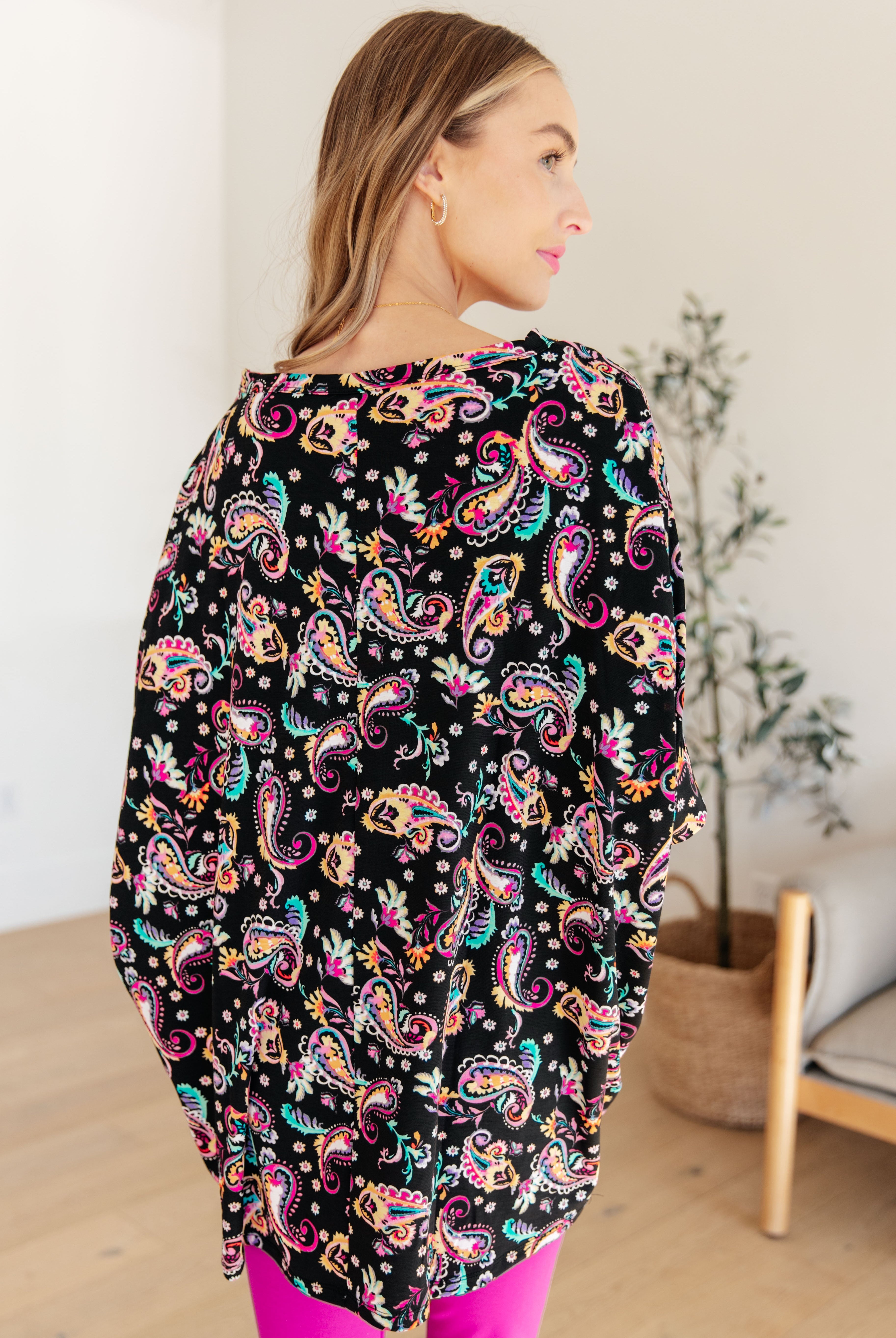 Essential Blouse in Black and Pink Paisley-Long Sleeve Tops-Krush Kandy, Women's Online Fashion Boutique Located in Phoenix, Arizona (Scottsdale Area)