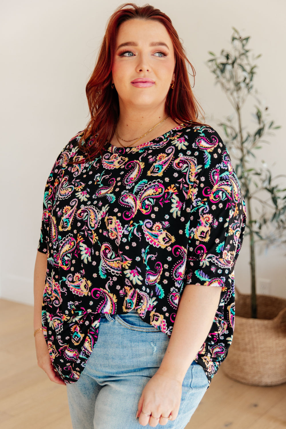 Essential Blouse in Black and Pink Paisley-Long Sleeve Tops-Krush Kandy, Women's Online Fashion Boutique Located in Phoenix, Arizona (Scottsdale Area)