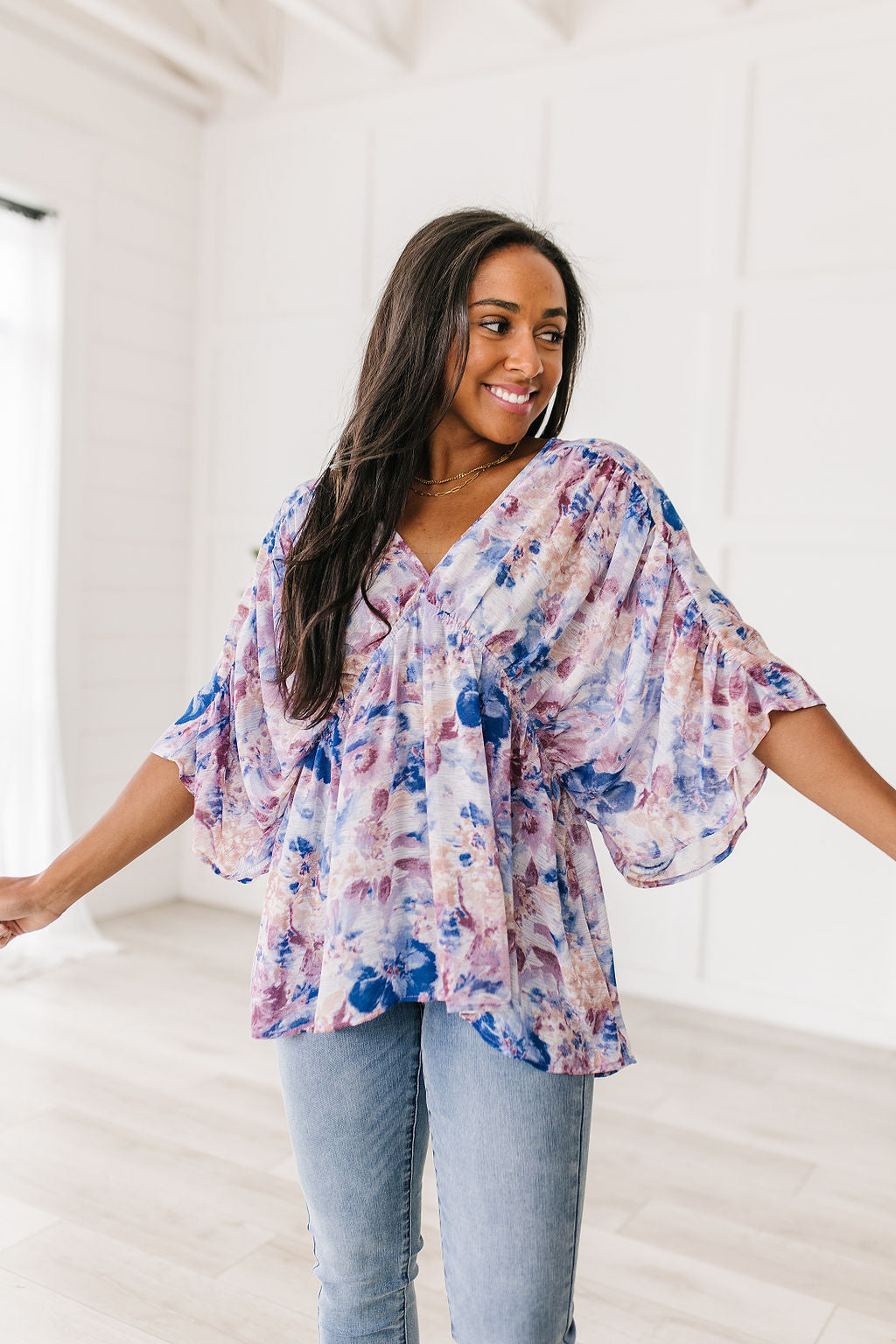 Fabled in Floral Draped Peplum Top in Blue-Short Sleeve Tops-Krush Kandy, Women's Online Fashion Boutique Located in Phoenix, Arizona (Scottsdale Area)