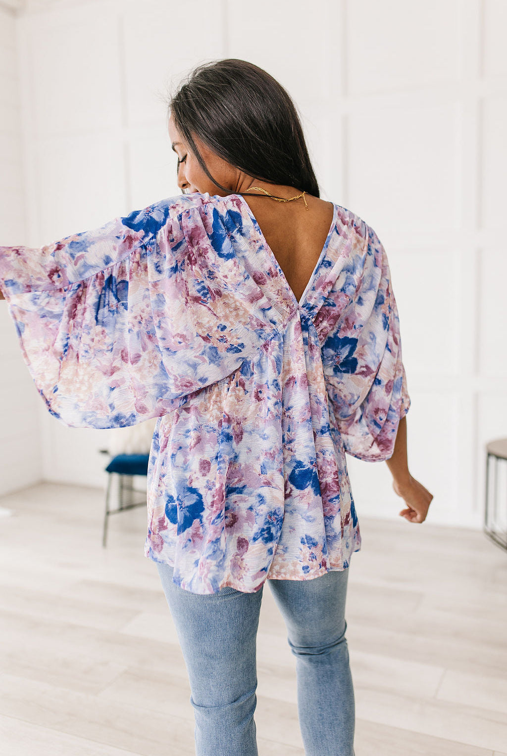 Fabled in Floral Draped Peplum Top in Blue-Short Sleeve Tops-Krush Kandy, Women's Online Fashion Boutique Located in Phoenix, Arizona (Scottsdale Area)