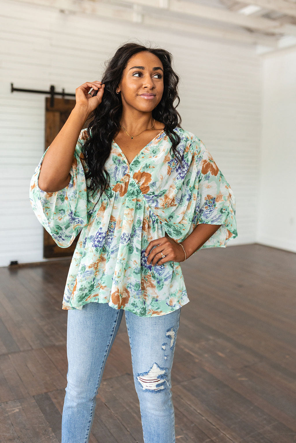 Fabled in Floral Draped Peplum Top in Ivory-Short Sleeve Tops-Krush Kandy, Women's Online Fashion Boutique Located in Phoenix, Arizona (Scottsdale Area)