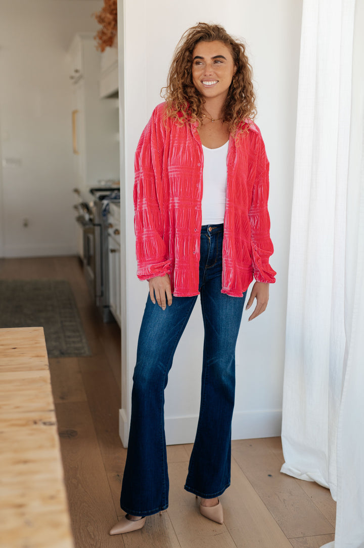 Feeling Fuchsia Velvet Button Down-Long Sleeve Tops-Krush Kandy, Women's Online Fashion Boutique Located in Phoenix, Arizona (Scottsdale Area)