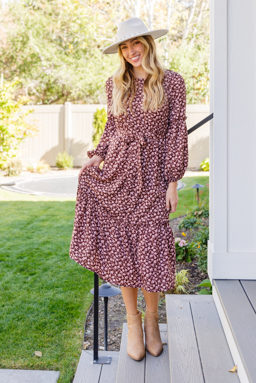 Flow With The Times Floral Midi Dress In Brown-Dresses-Krush Kandy, Women's Online Fashion Boutique Located in Phoenix, Arizona (Scottsdale Area)