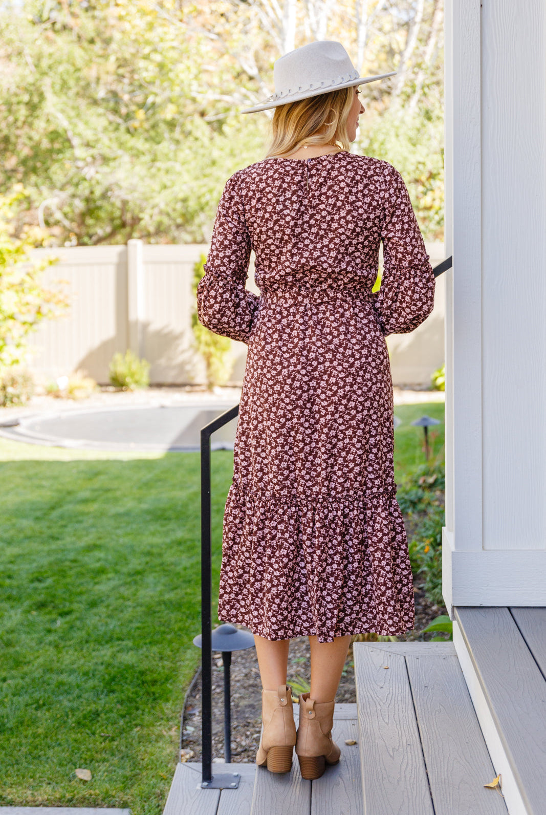 Flow With The Times Floral Midi Dress In Brown-Dresses-Krush Kandy, Women's Online Fashion Boutique Located in Phoenix, Arizona (Scottsdale Area)