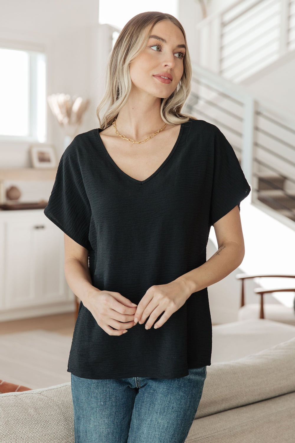 Frequently Asked Questions V-Neck Top in Black-Short Sleeve Tops-Krush Kandy, Women's Online Fashion Boutique Located in Phoenix, Arizona (Scottsdale Area)