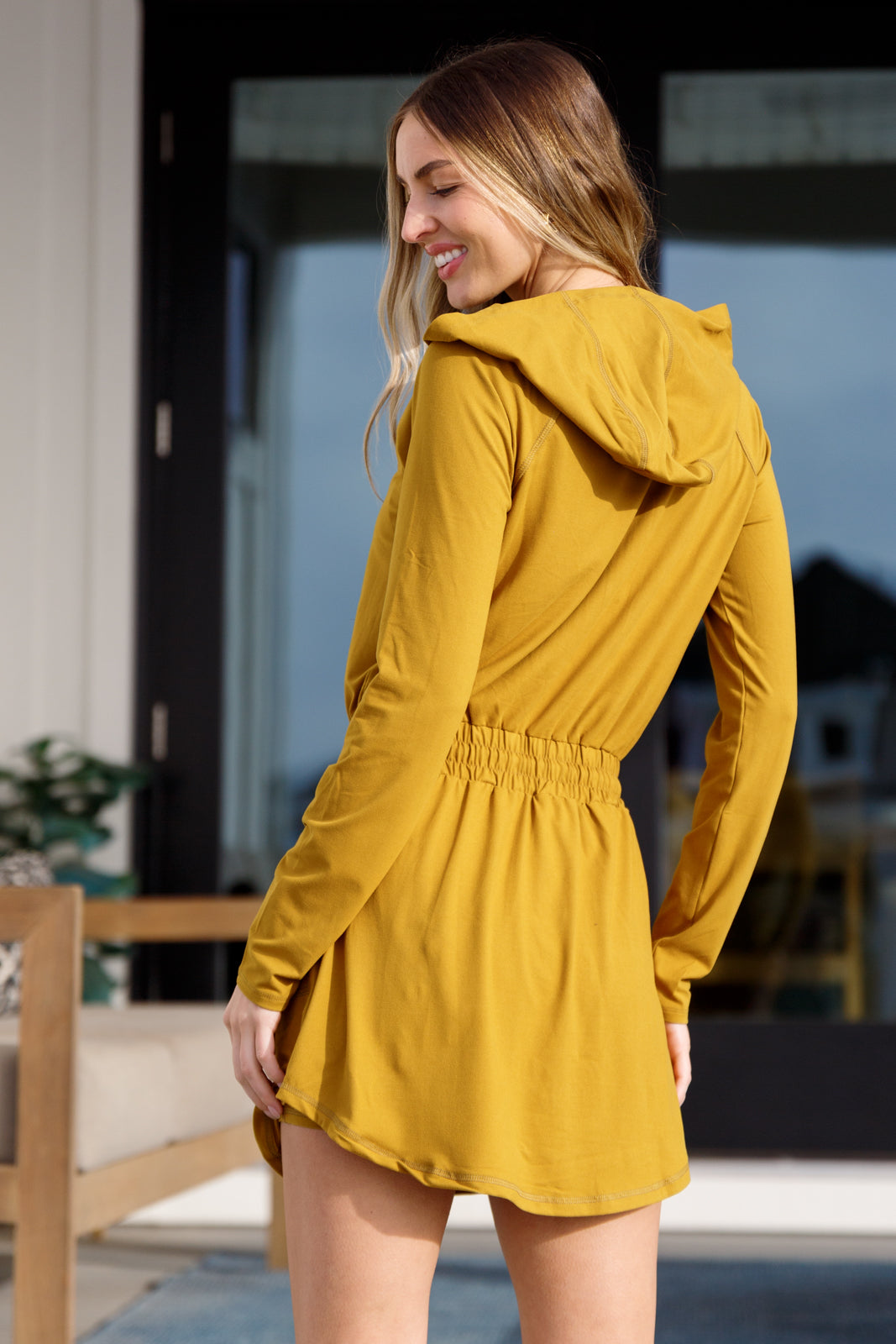 Getting Out Long Sleeve Hoodie Romper Gold Spice-Jumpsuits & Rompers-Krush Kandy, Women's Online Fashion Boutique Located in Phoenix, Arizona (Scottsdale Area)