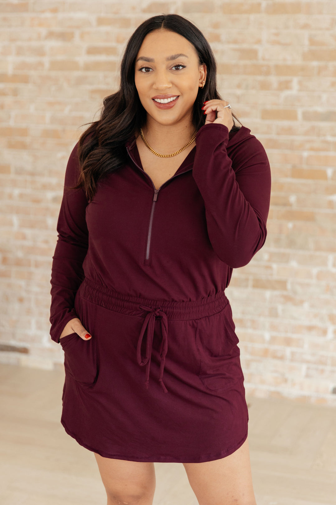 Getting Out Long Sleeve Hoodie Romper in Maroon-Jumpsuits & Rompers-Krush Kandy, Women's Online Fashion Boutique Located in Phoenix, Arizona (Scottsdale Area)