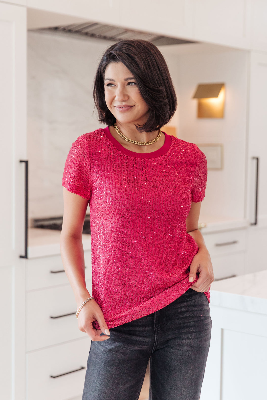 Glimmering Night Sequin Top in Hot Pink-Short Sleeve Tops-Krush Kandy, Women's Online Fashion Boutique Located in Phoenix, Arizona (Scottsdale Area)