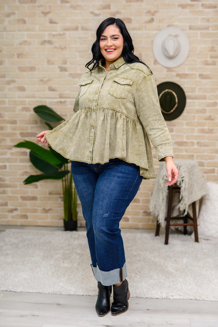 Green Tea Button Up Long Sleeve Top in Olive | S-3XL-Long Sleeve Tops-Krush Kandy, Women's Online Fashion Boutique Located in Phoenix, Arizona (Scottsdale Area)