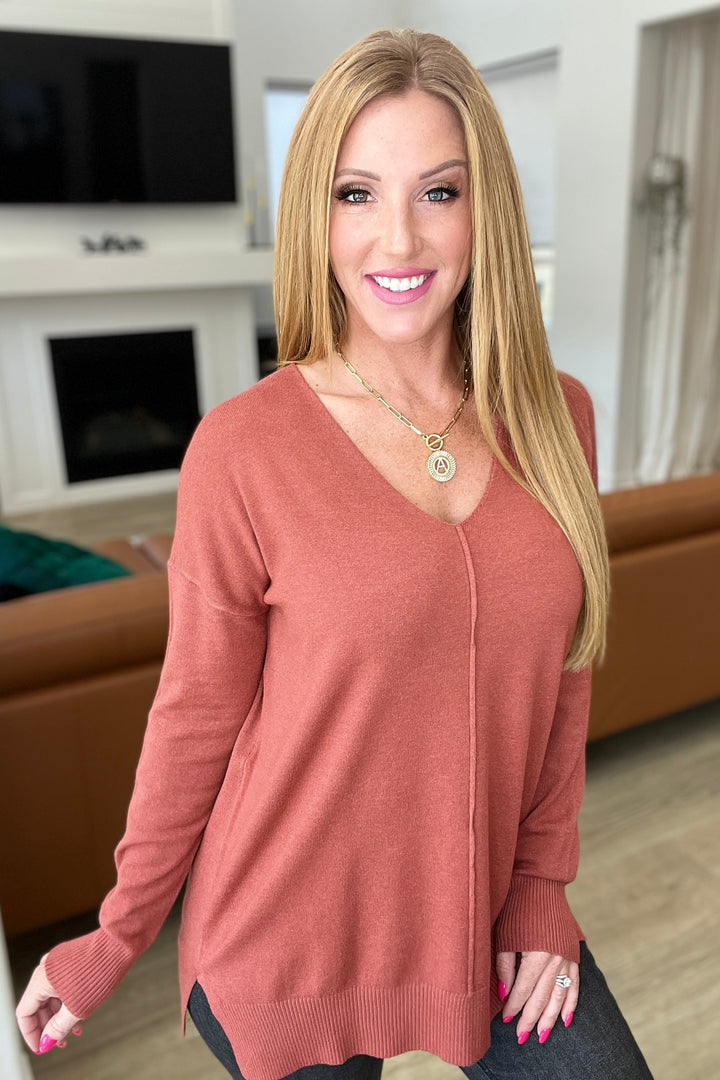 V-Neck Front Seam Sweater in Heather Rust-Sweaters-Krush Kandy, Women's Online Fashion Boutique Located in Phoenix, Arizona (Scottsdale Area)