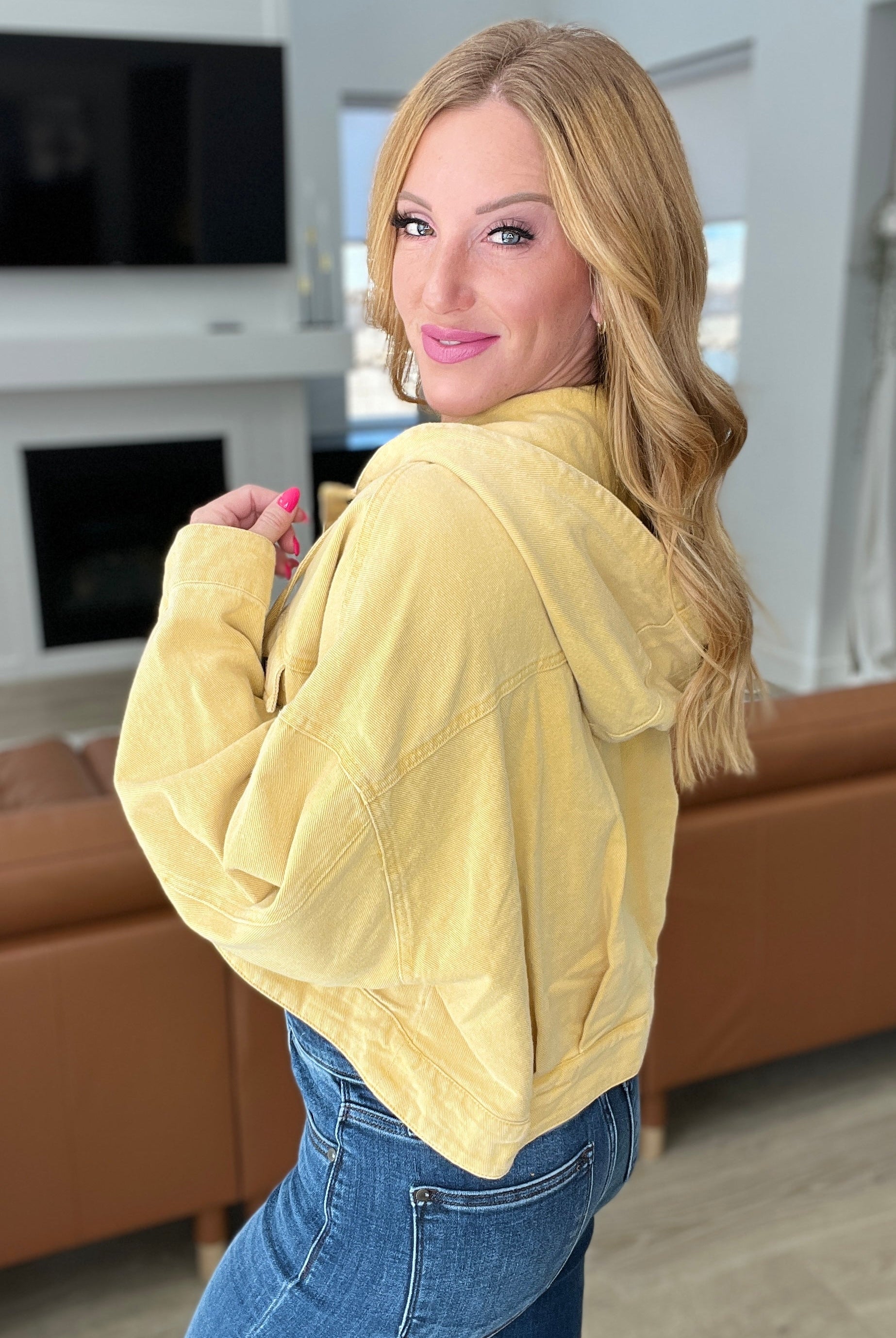 Cropped Hooded Denim Jacket in Mustard-Jackets-Krush Kandy, Women's Online Fashion Boutique Located in Phoenix, Arizona (Scottsdale Area)