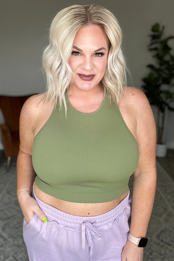 Ribbed Seamless High Neck Cropped Cami in Light Olive-Tanks-Krush Kandy, Women's Online Fashion Boutique Located in Phoenix, Arizona (Scottsdale Area)