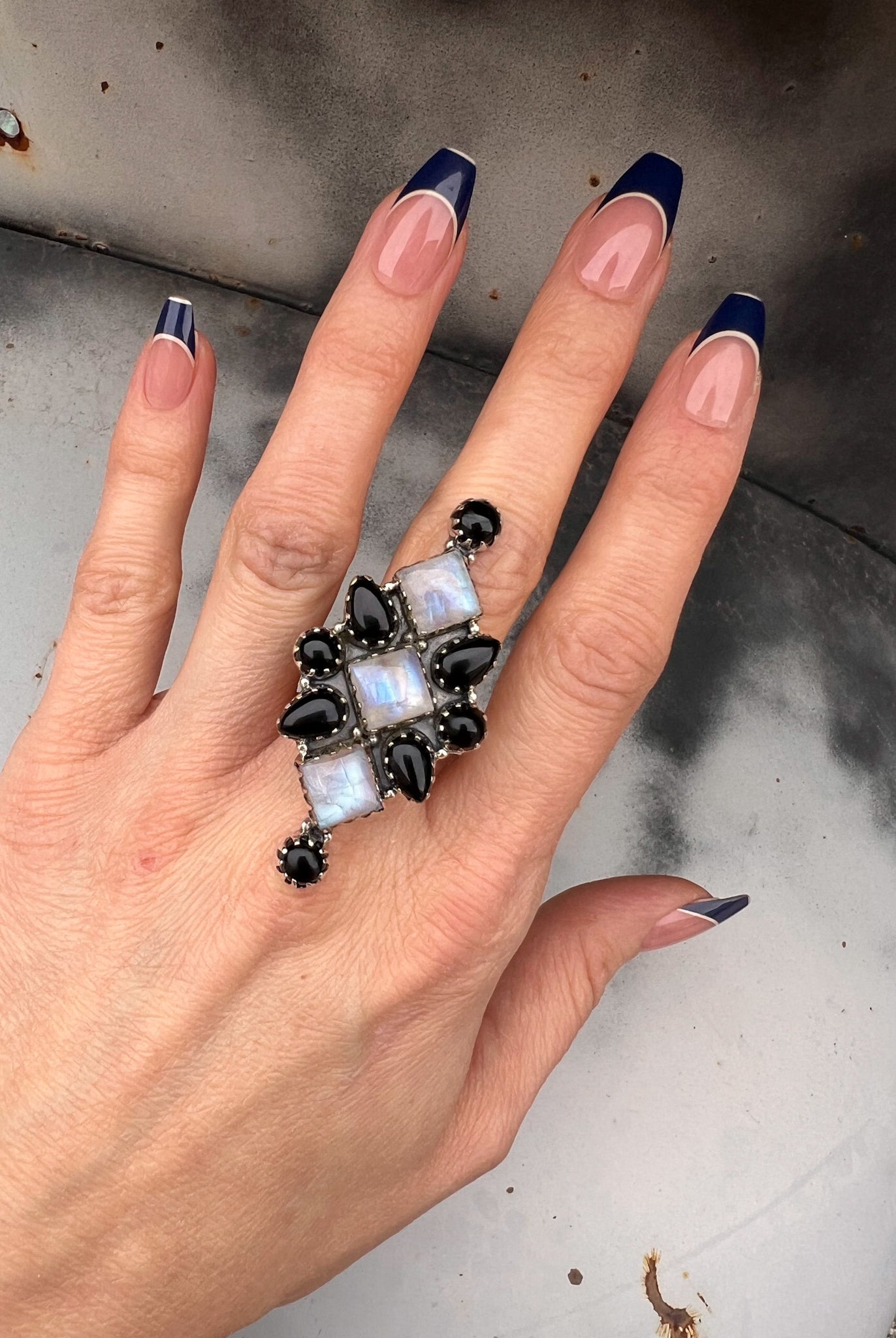 Black Onyx & Moonstone Cluster Sterling Silver Ring | PREORDER-Rings-Krush Kandy, Women's Online Fashion Boutique Located in Phoenix, Arizona (Scottsdale Area)