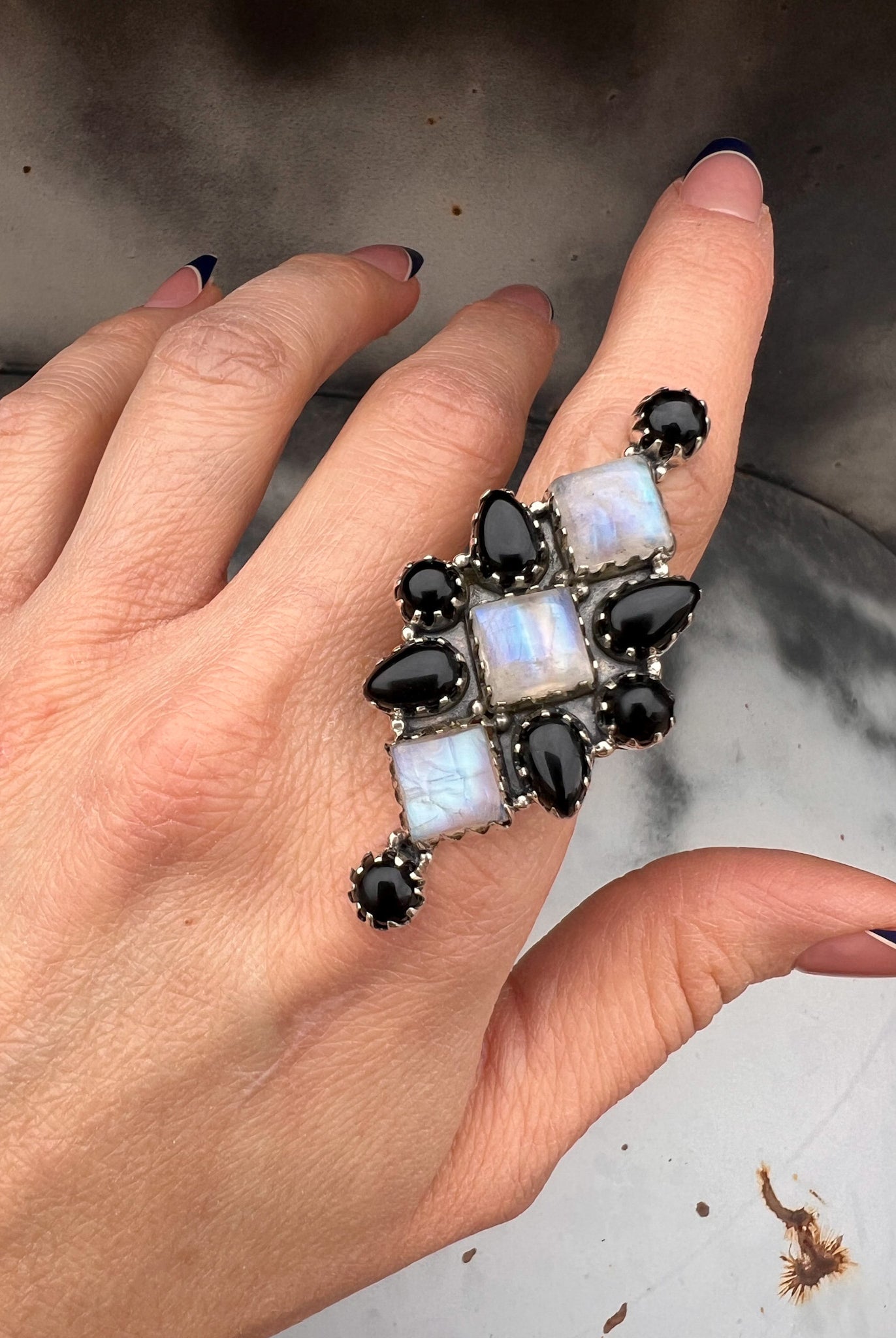 Black Onyx & Moonstone Cluster Sterling Silver Ring | PREORDER-Rings-Krush Kandy, Women's Online Fashion Boutique Located in Phoenix, Arizona (Scottsdale Area)