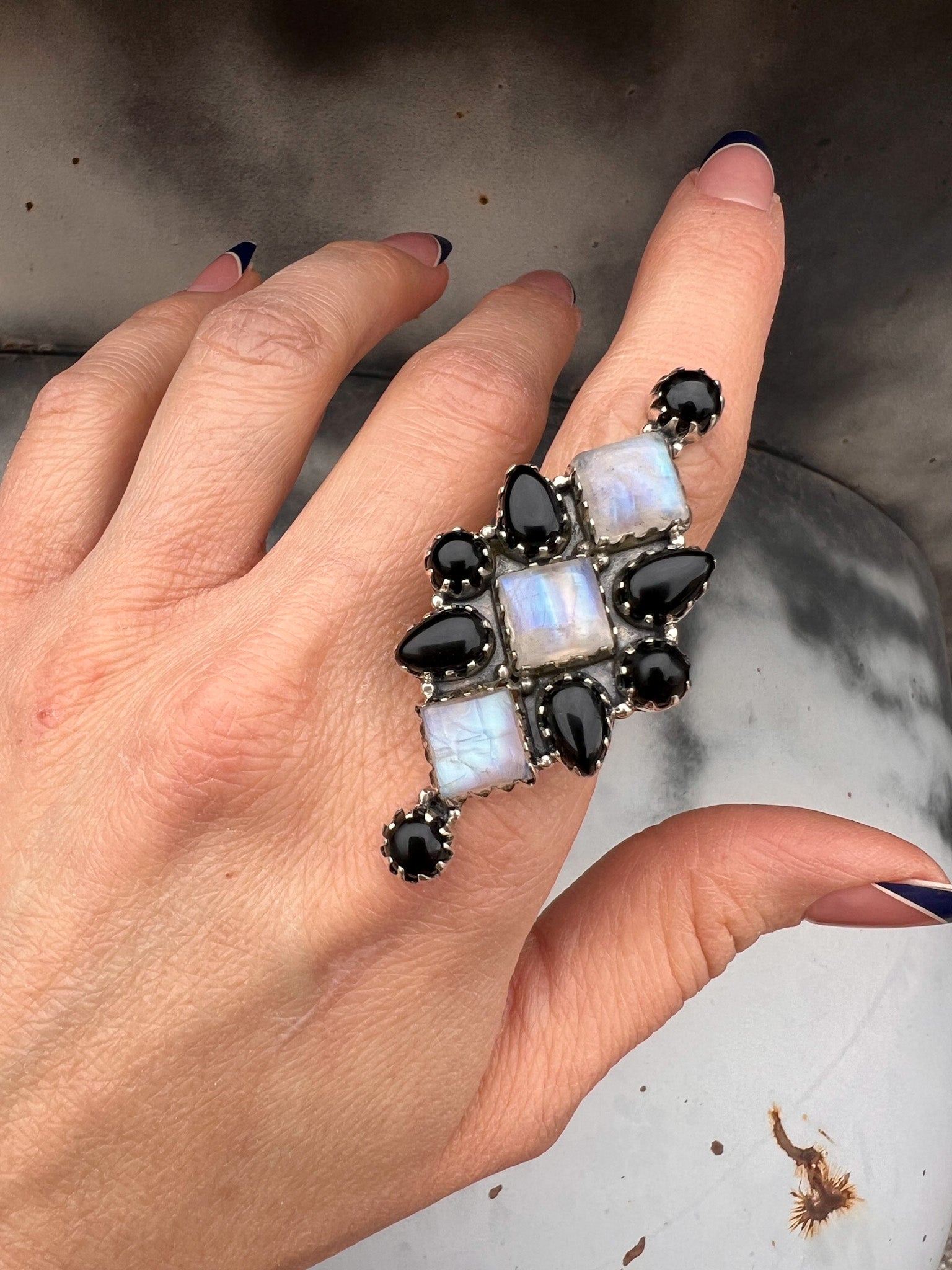 Black Onyx & Moonstone Cluster Sterling Silver Ring-Cluster Rings-Krush Kandy, Women's Online Fashion Boutique Located in Phoenix, Arizona (Scottsdale Area)