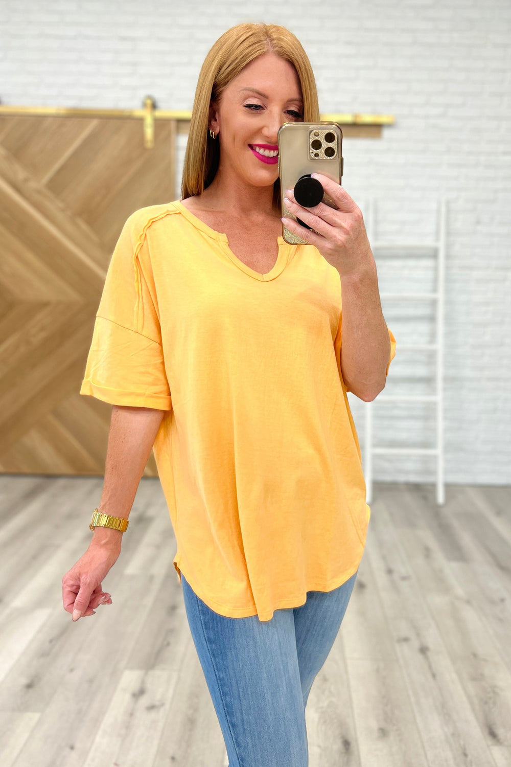 Notched Neck Drop Sleeve Top in Orange-Short Sleeve Tops-Krush Kandy, Women's Online Fashion Boutique Located in Phoenix, Arizona (Scottsdale Area)