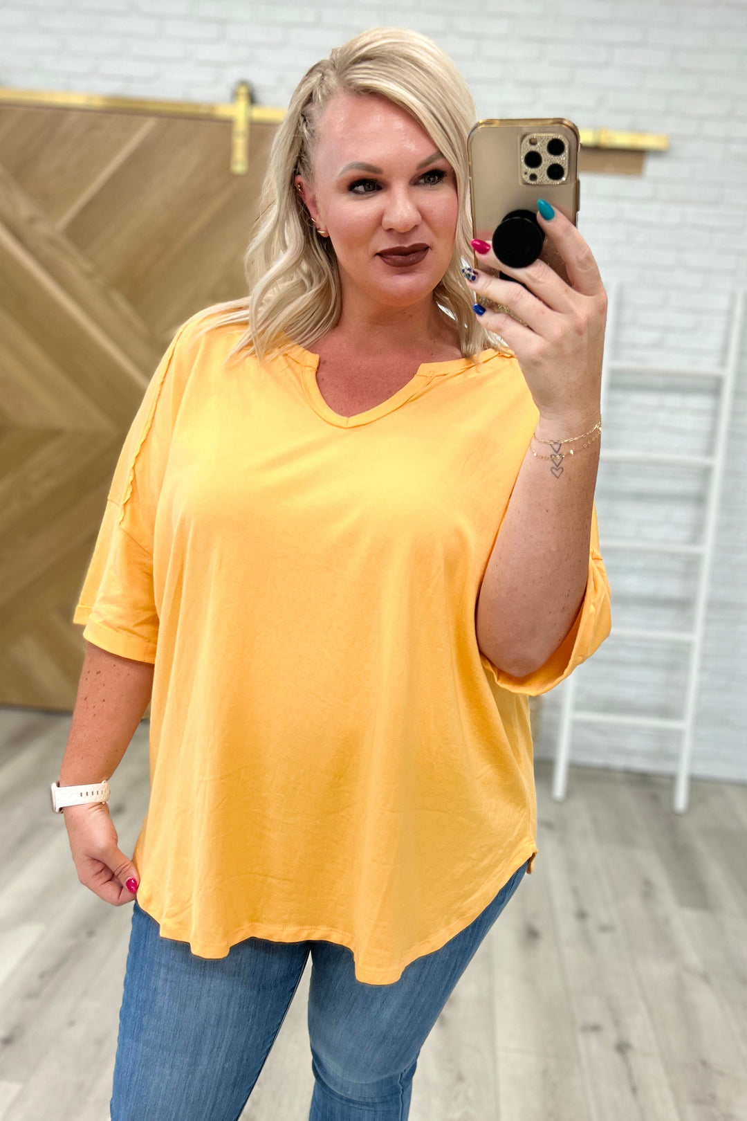 Notched Neck Drop Sleeve Top in Orange-Short Sleeve Tops-Krush Kandy, Women's Online Fashion Boutique Located in Phoenix, Arizona (Scottsdale Area)