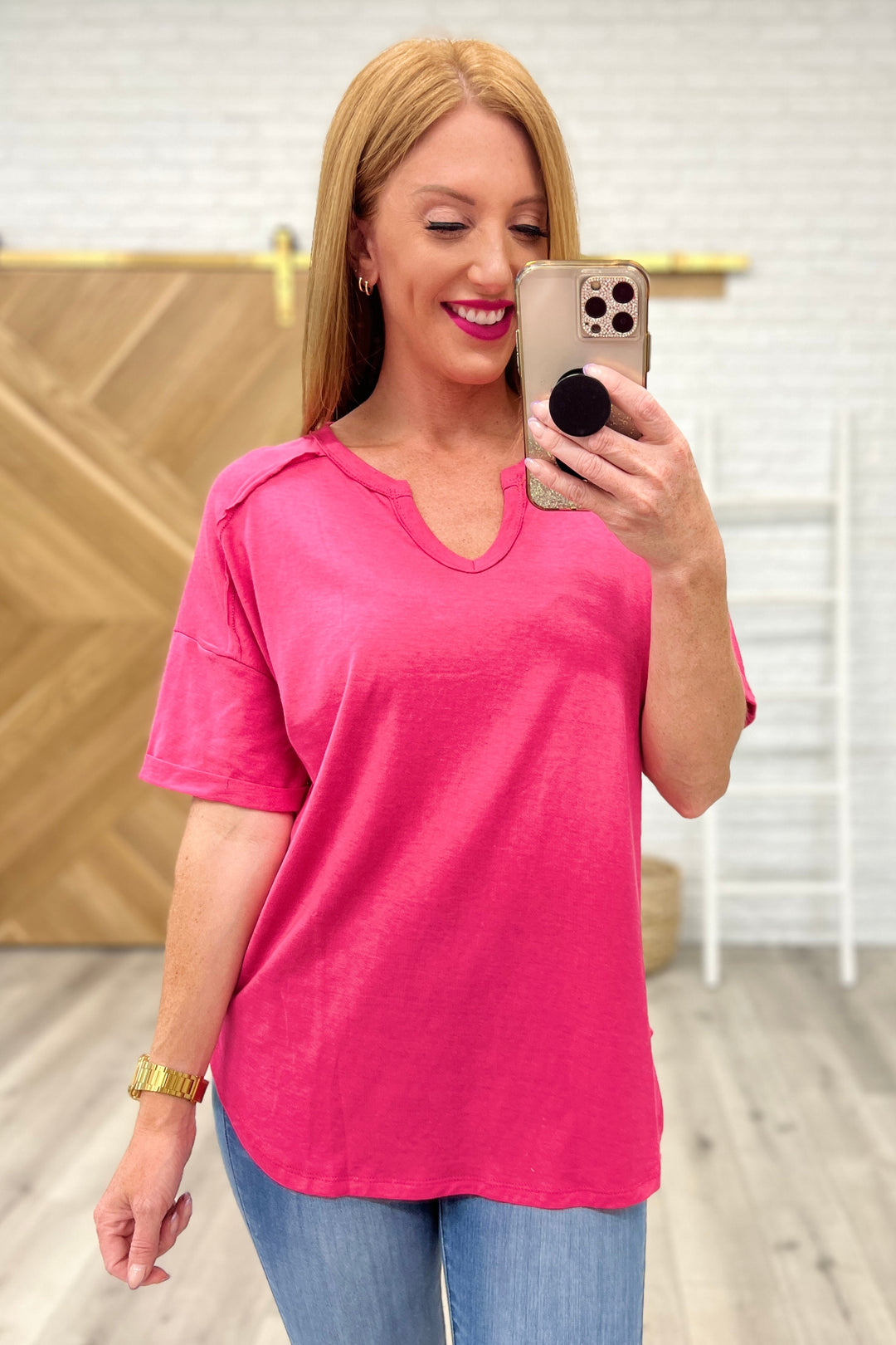 Notched Neck Drop Sleeve Top in Hot Pink-Short Sleeve Tops-Krush Kandy, Women's Online Fashion Boutique Located in Phoenix, Arizona (Scottsdale Area)