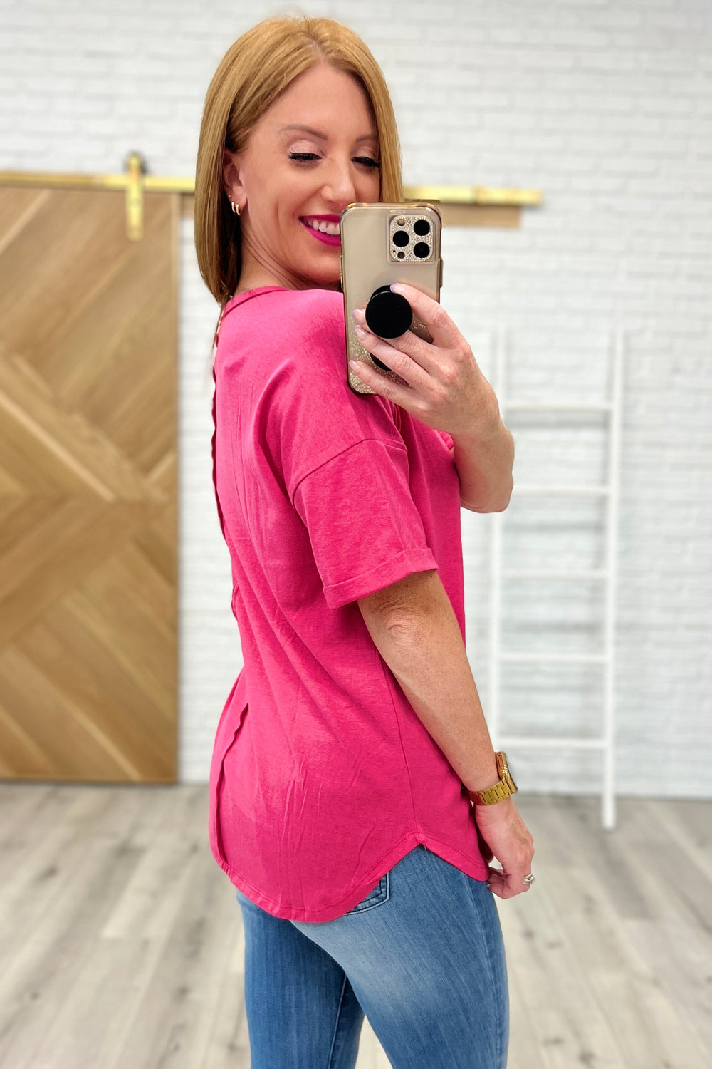 Notched Neck Drop Sleeve Top in Hot Pink-Short Sleeve Tops-Krush Kandy, Women's Online Fashion Boutique Located in Phoenix, Arizona (Scottsdale Area)