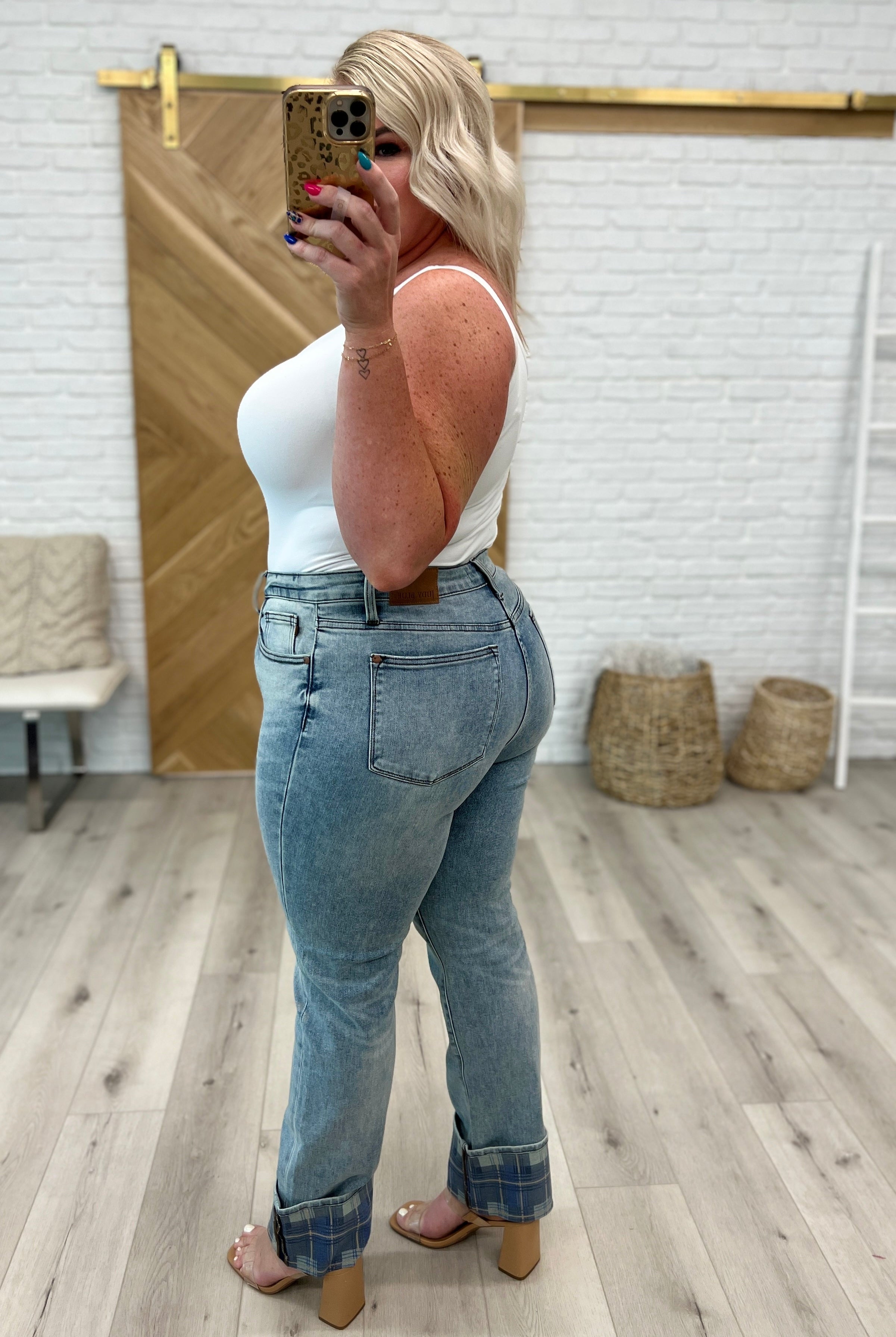 Judy Blue Miranda High Rise Plaid Cuff Vintage Straight Jeans-Jeans-Krush Kandy, Women's Online Fashion Boutique Located in Phoenix, Arizona (Scottsdale Area)