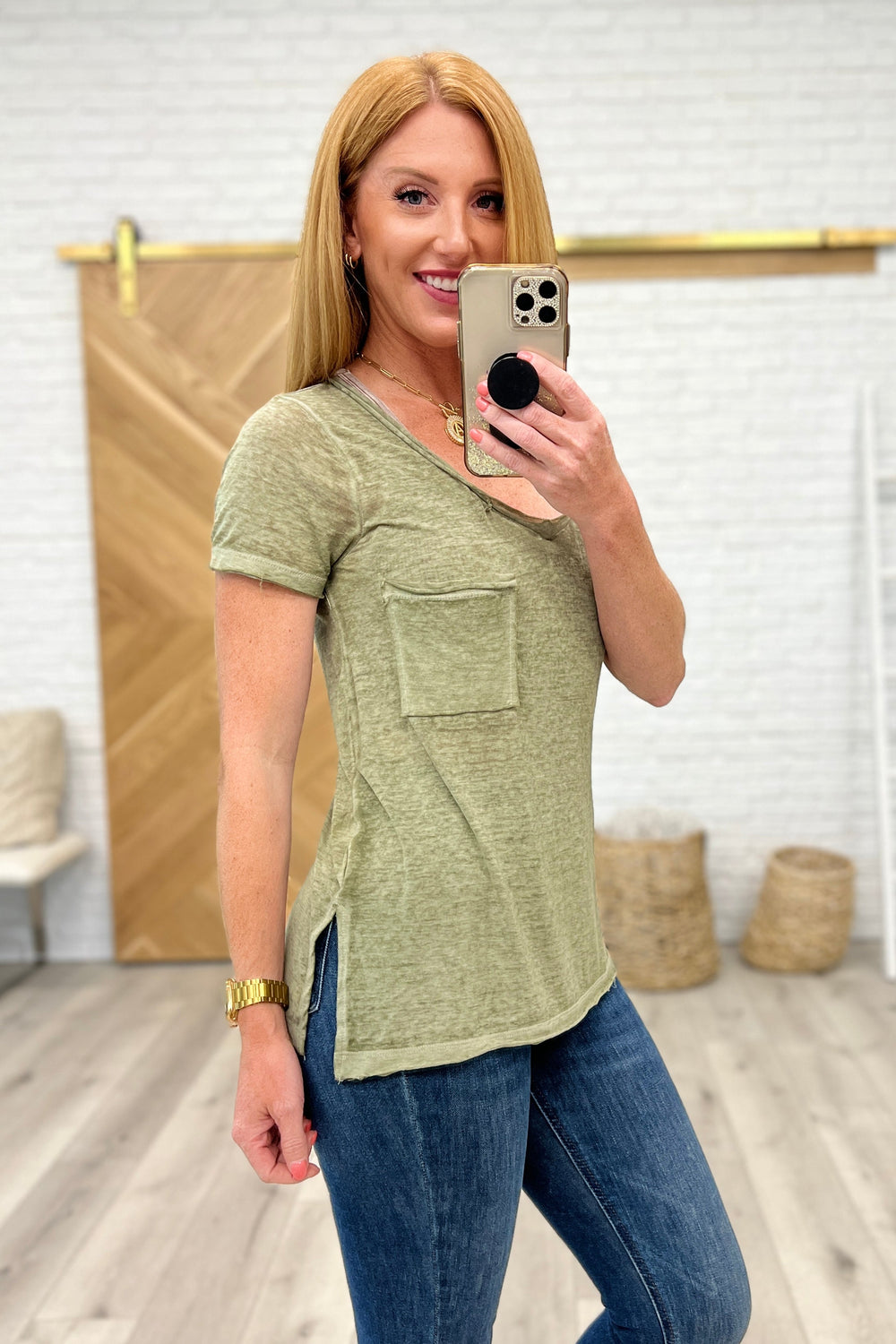 Melange Burnout V-Neck T-Shirt in Light Olive-Short Sleeve Tops-Krush Kandy, Women's Online Fashion Boutique Located in Phoenix, Arizona (Scottsdale Area)