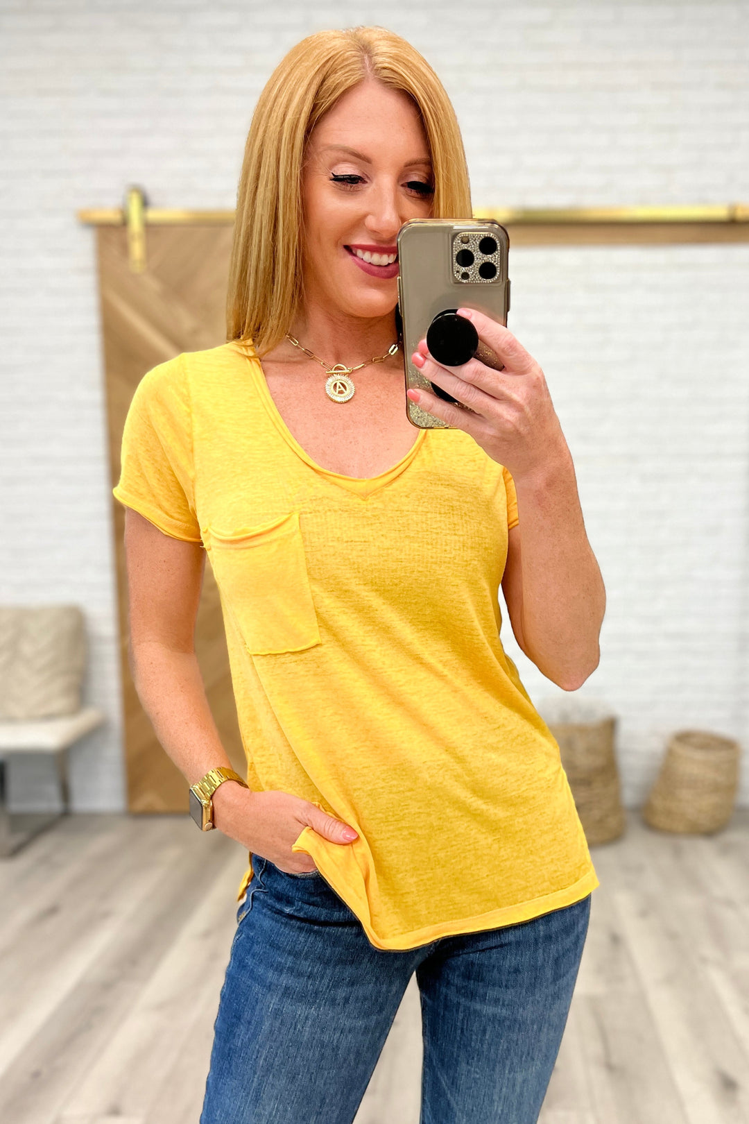 Melange Burnout V-Neck T-Shirt in Yellow Gold-Short Sleeve Tops-Krush Kandy, Women's Online Fashion Boutique Located in Phoenix, Arizona (Scottsdale Area)