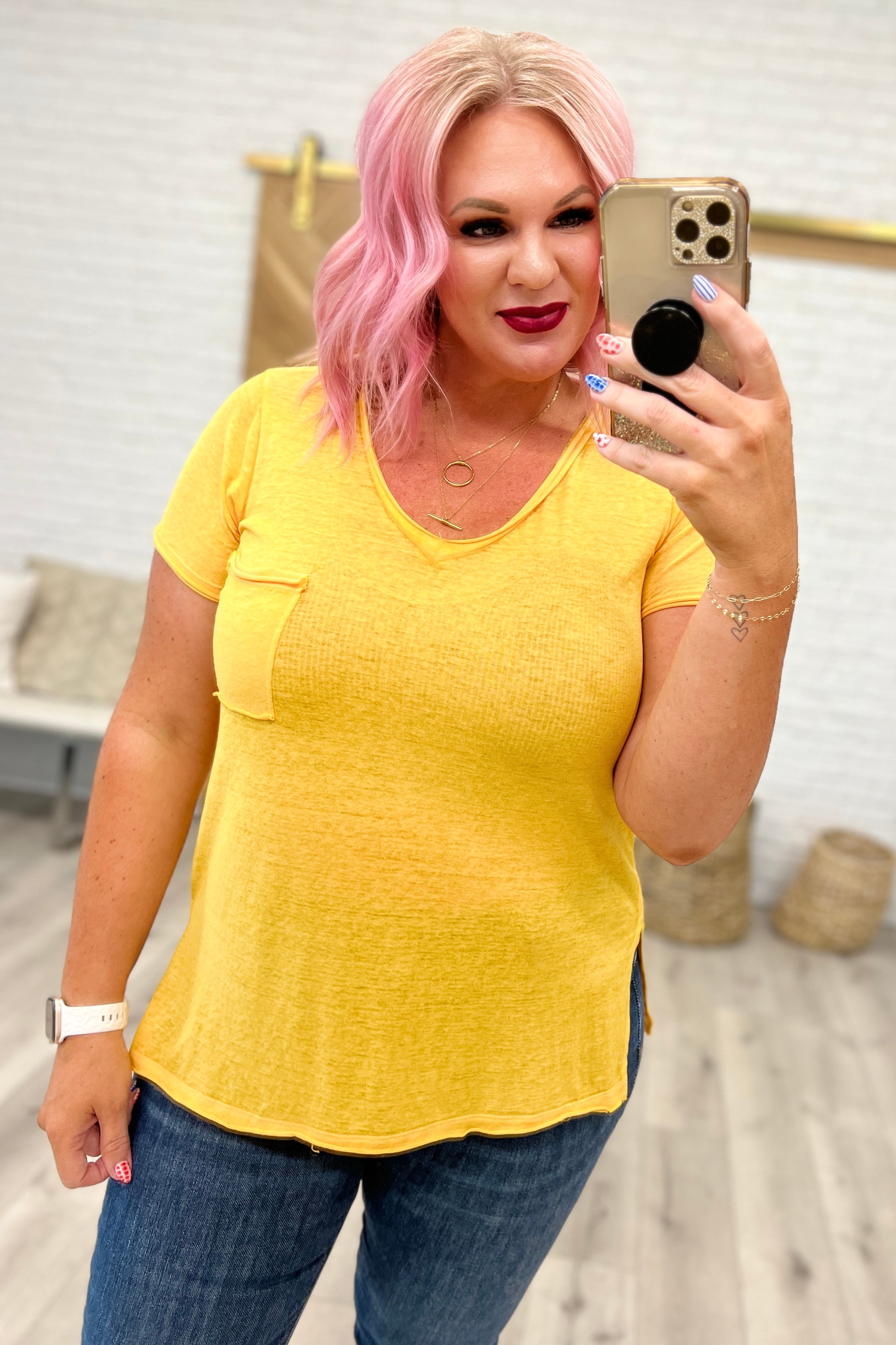 Melange Burnout V-Neck T-Shirt in Yellow Gold-Short Sleeve Tops-Krush Kandy, Women's Online Fashion Boutique Located in Phoenix, Arizona (Scottsdale Area)