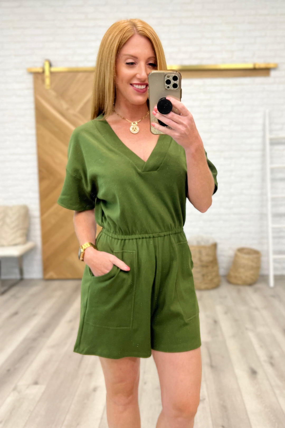 Short Sleeve V-Neck Romper in Army Green-Jumpsuits & Rompers-Krush Kandy, Women's Online Fashion Boutique Located in Phoenix, Arizona (Scottsdale Area)