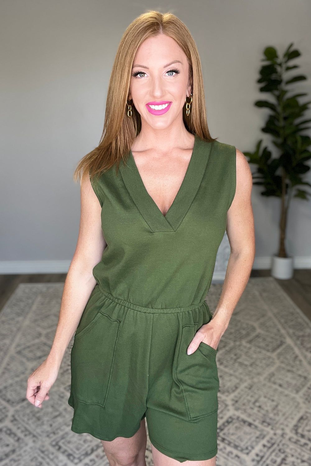 Sleeveless V-Neck Romper in Army Green-Jumpsuits & Rompers-Krush Kandy, Women's Online Fashion Boutique Located in Phoenix, Arizona (Scottsdale Area)