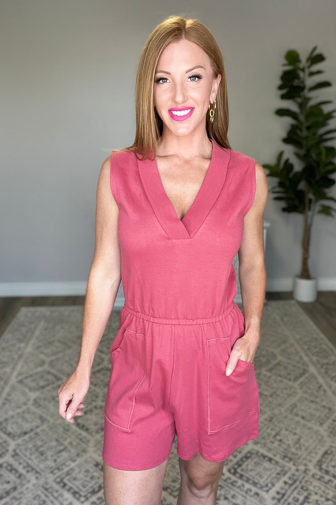 Sleeveless V-Neck Romper in Rose-Jumpsuits & Rompers-Krush Kandy, Women's Online Fashion Boutique Located in Phoenix, Arizona (Scottsdale Area)