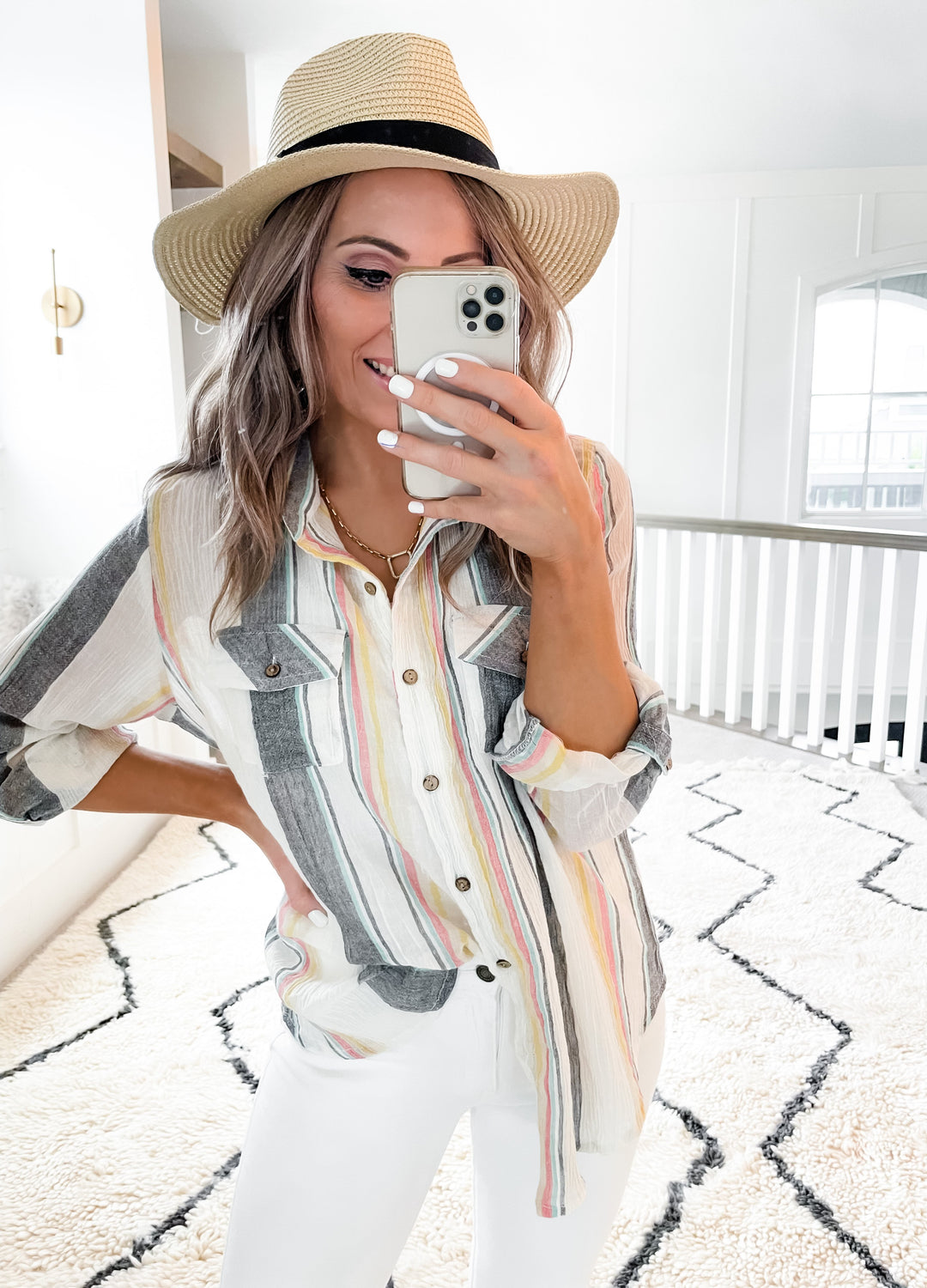 (2 Colors, S-XL) Memory Lane Multi Stripe Button Up-Long Sleeve Tops-Krush Kandy, Women's Online Fashion Boutique Located in Phoenix, Arizona (Scottsdale Area)
