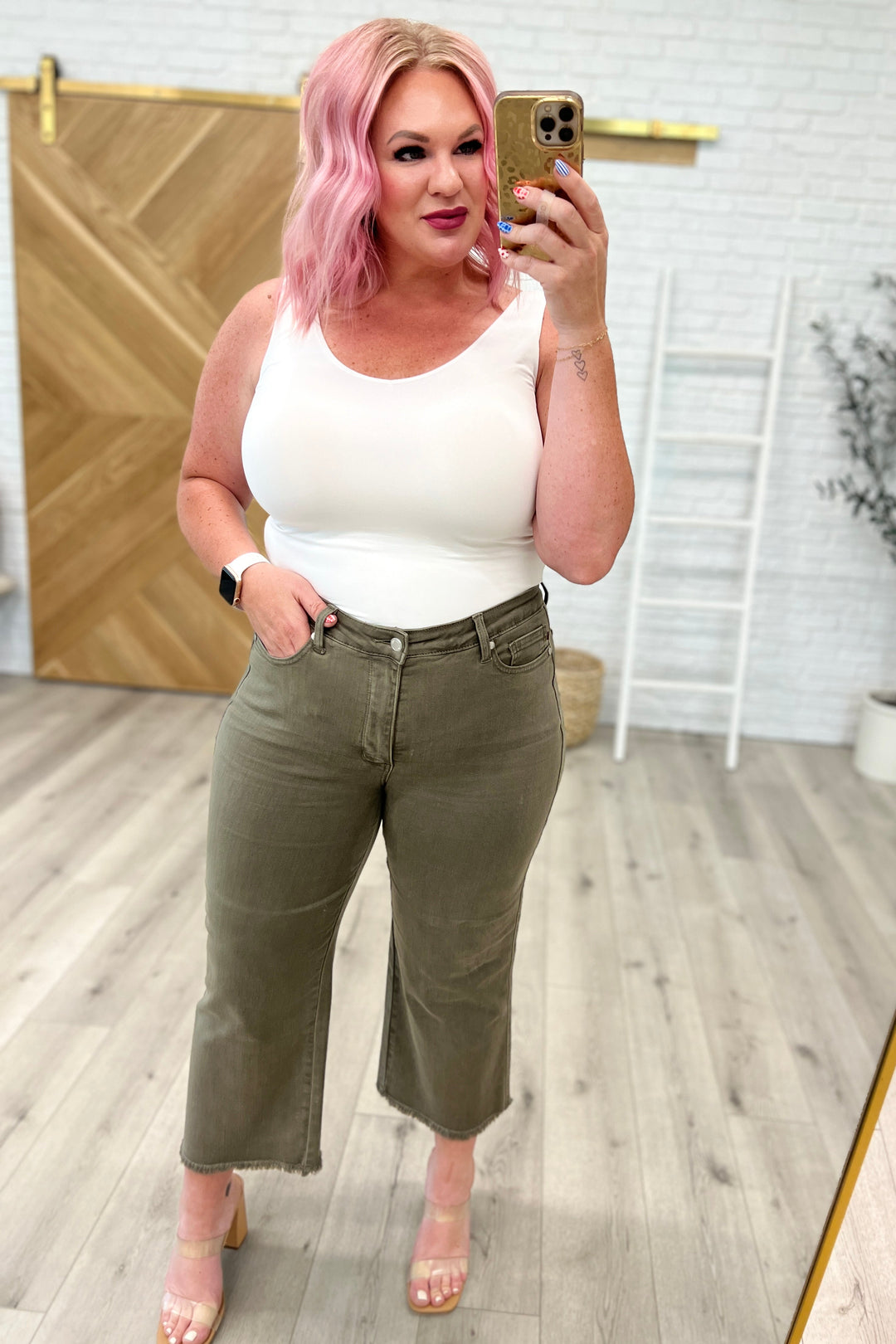Judy Blue Harvey High Rise Control Top Wide Leg Crop Jeans in Olive-Jeans-Krush Kandy, Women's Online Fashion Boutique Located in Phoenix, Arizona (Scottsdale Area)