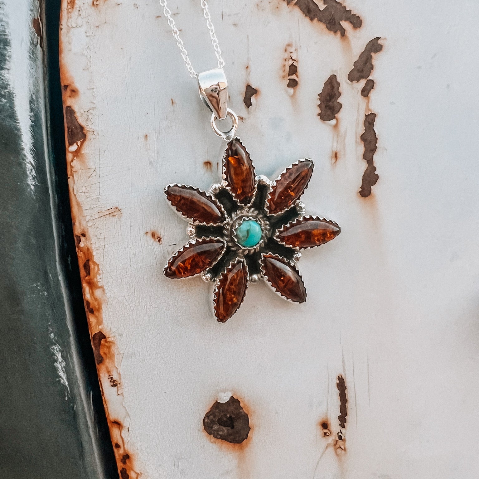 Amber and Turquoise Daisy Flower Necklace-Necklaces-Krush Kandy, Women's Online Fashion Boutique Located in Phoenix, Arizona (Scottsdale Area)