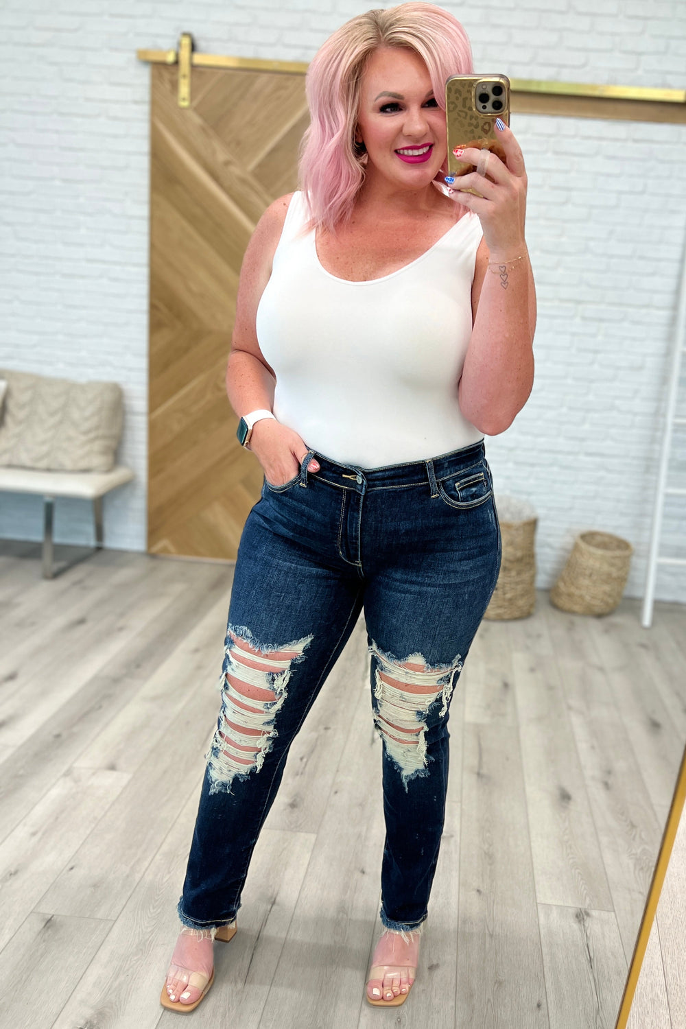 Judy Blue Sloane Mid Rise Heavy Destroyed Straight Jeans-Jeans-Krush Kandy, Women's Online Fashion Boutique Located in Phoenix, Arizona (Scottsdale Area)