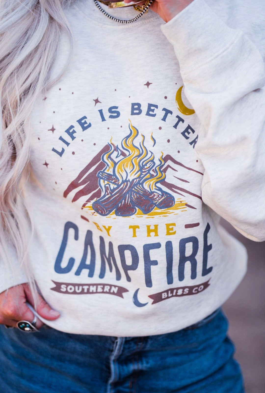 Campfire Oatmeal Sweatshirt-Graphic Tees-Krush Kandy, Women's Online Fashion Boutique Located in Phoenix, Arizona (Scottsdale Area)