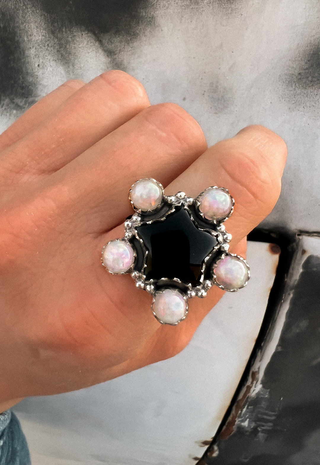 Mini White Opal & Black Onyx Star Cluster Ring-Rings-Krush Kandy, Women's Online Fashion Boutique Located in Phoenix, Arizona (Scottsdale Area)