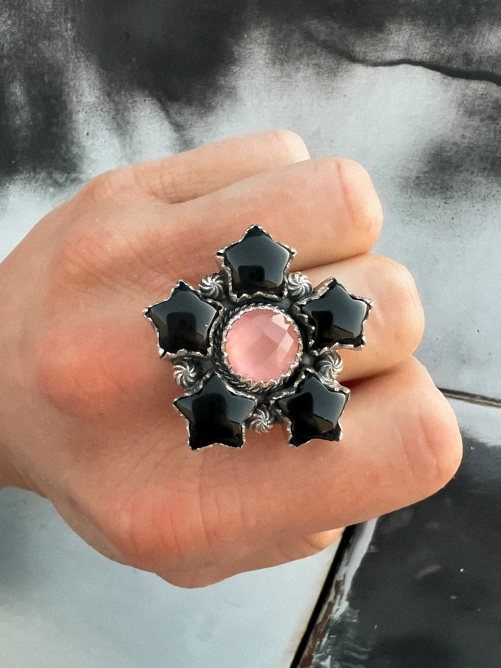 Five Point Black Onyx & Pink Jade Star Cluster Ring-Rings-Krush Kandy, Women's Online Fashion Boutique Located in Phoenix, Arizona (Scottsdale Area)