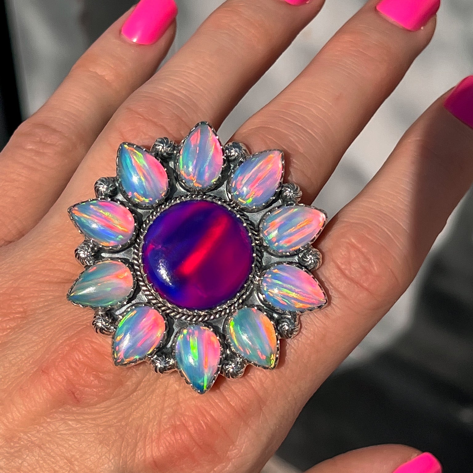Aurora Opal Sunflower Cluster Sterling Silver Ring-Rings-Krush Kandy, Women's Online Fashion Boutique Located in Phoenix, Arizona (Scottsdale Area)