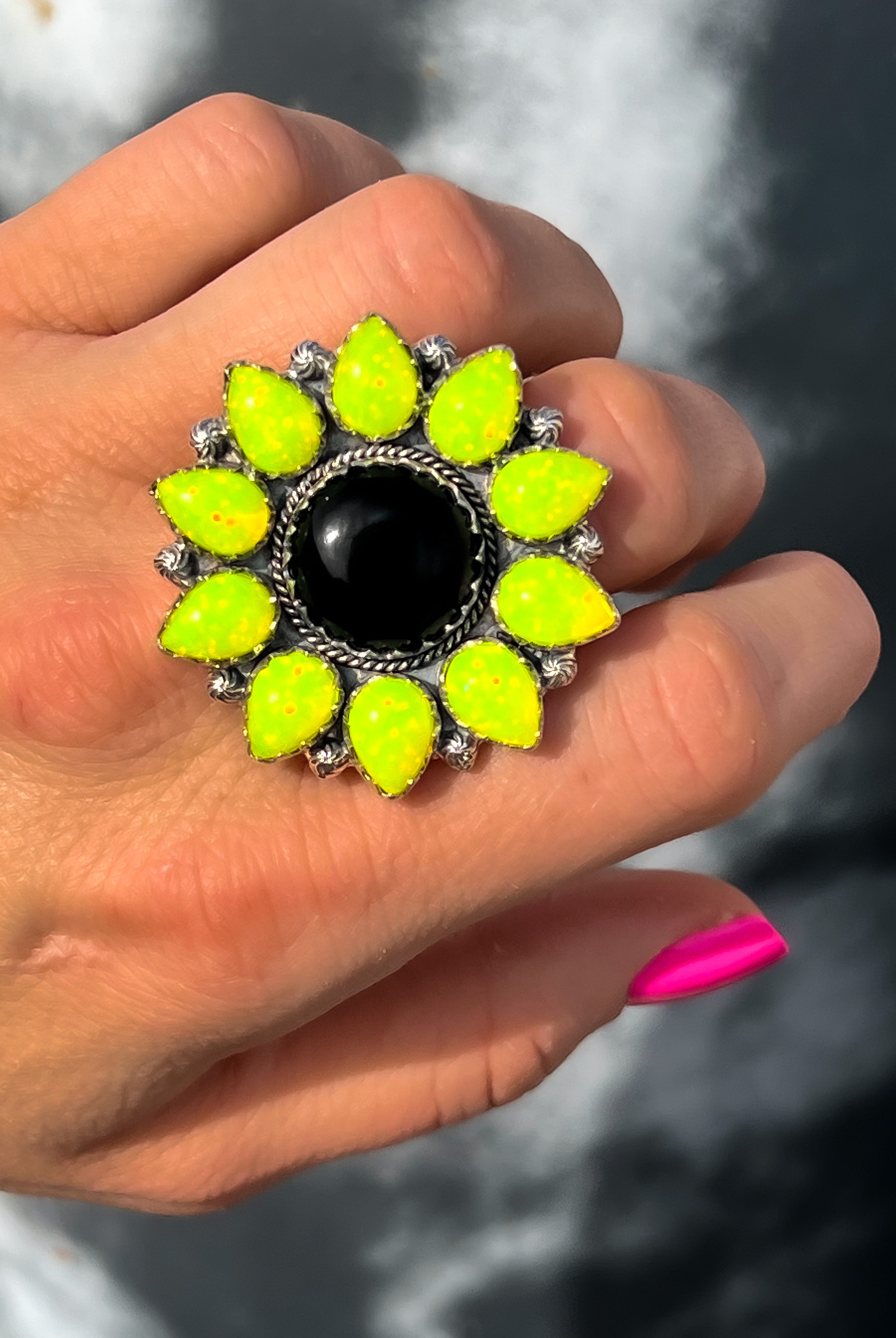 Neon Yellow Opal Cluster Sterling Silver Ring | PREORDER-Rings-Krush Kandy, Women's Online Fashion Boutique Located in Phoenix, Arizona (Scottsdale Area)