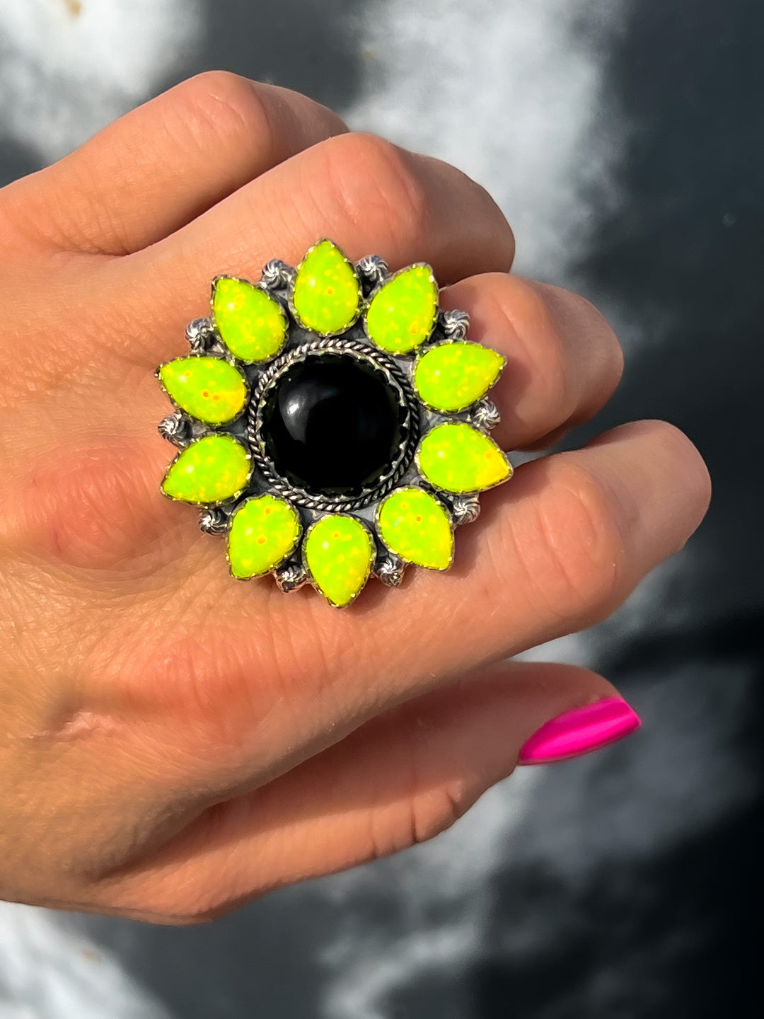Neon Yellow Opal Cluster Sterling Silver Ring | PREORDER-Rings-Krush Kandy, Women's Online Fashion Boutique Located in Phoenix, Arizona (Scottsdale Area)