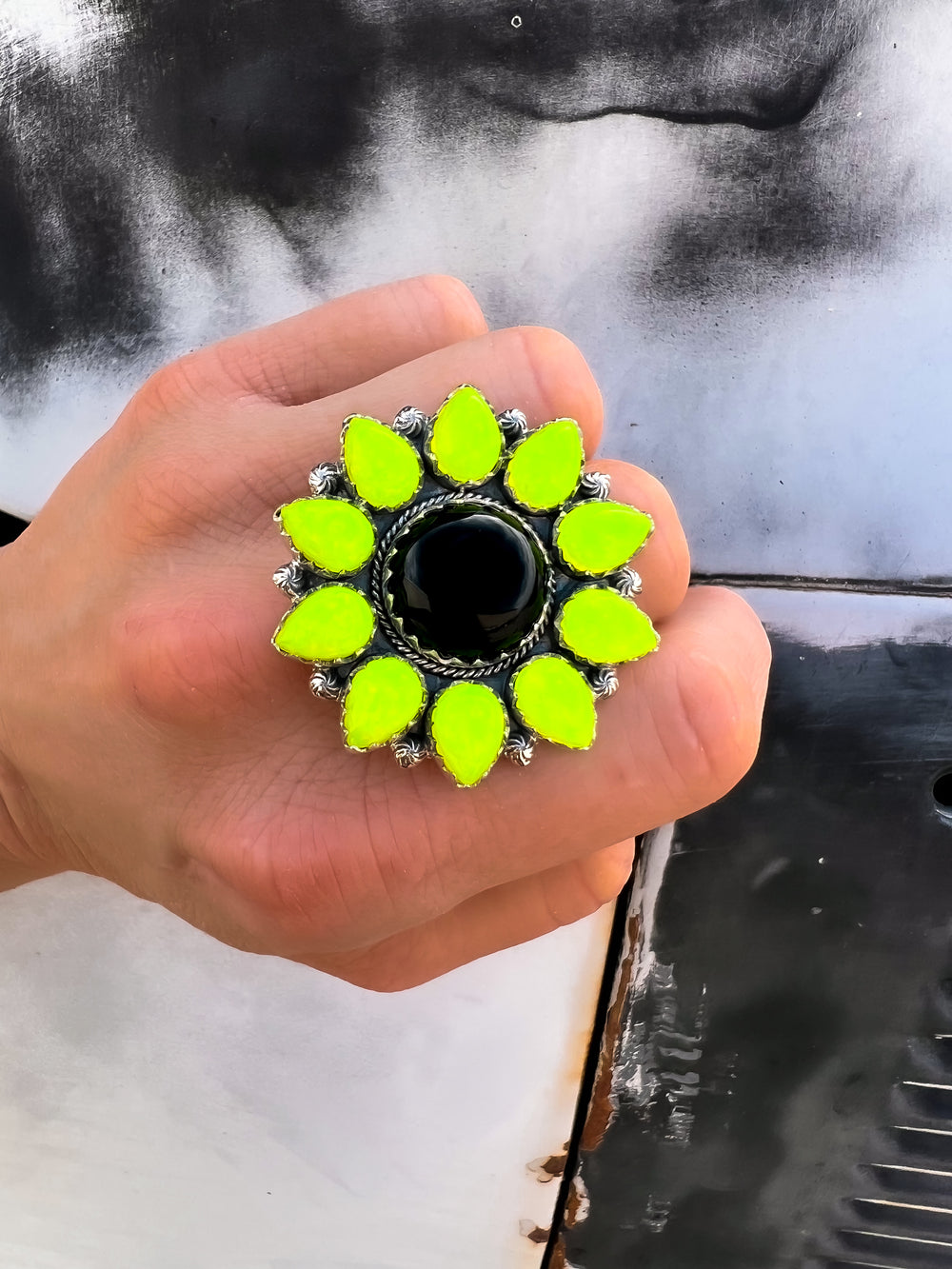Neon Yellow Sunflower Cluster Sterling Silver Ring-Rings-Krush Kandy, Women's Online Fashion Boutique Located in Phoenix, Arizona (Scottsdale Area)