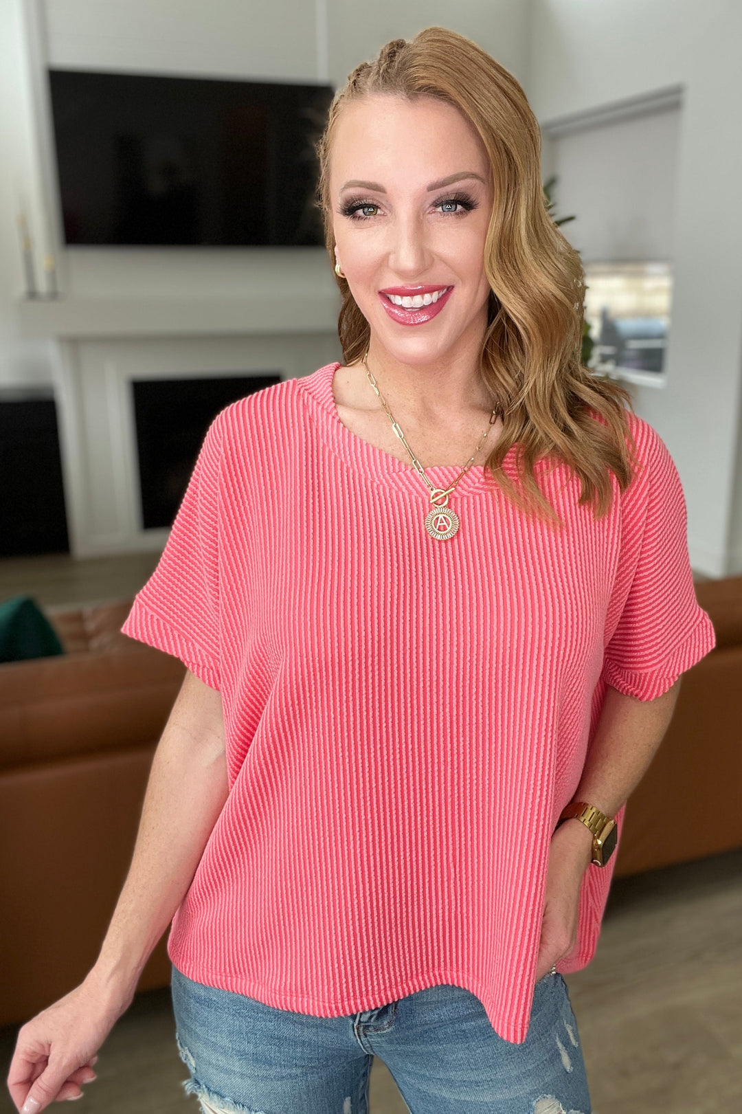 Textured Line Twisted Short Sleeve Top in Coral-Short Sleeve Tops-Krush Kandy, Women's Online Fashion Boutique Located in Phoenix, Arizona (Scottsdale Area)