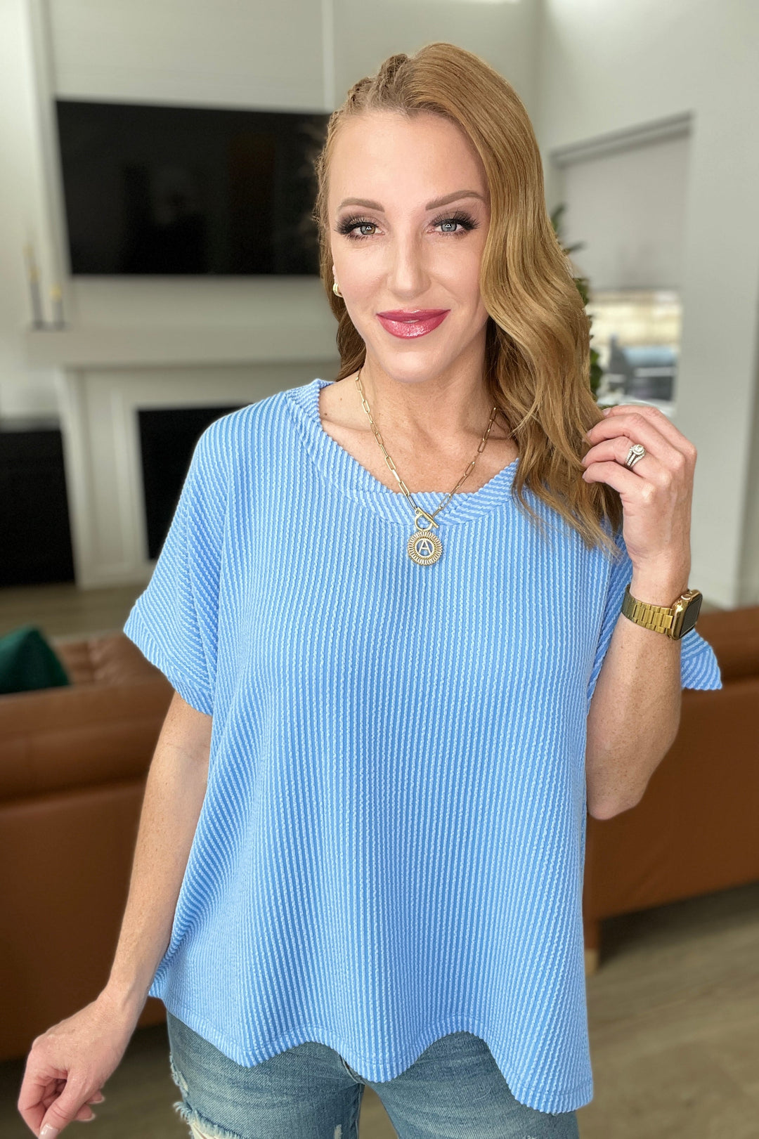 Textured Line Twisted Short Sleeve Top in Sky Blue-Short Sleeve Tops-Krush Kandy, Women's Online Fashion Boutique Located in Phoenix, Arizona (Scottsdale Area)