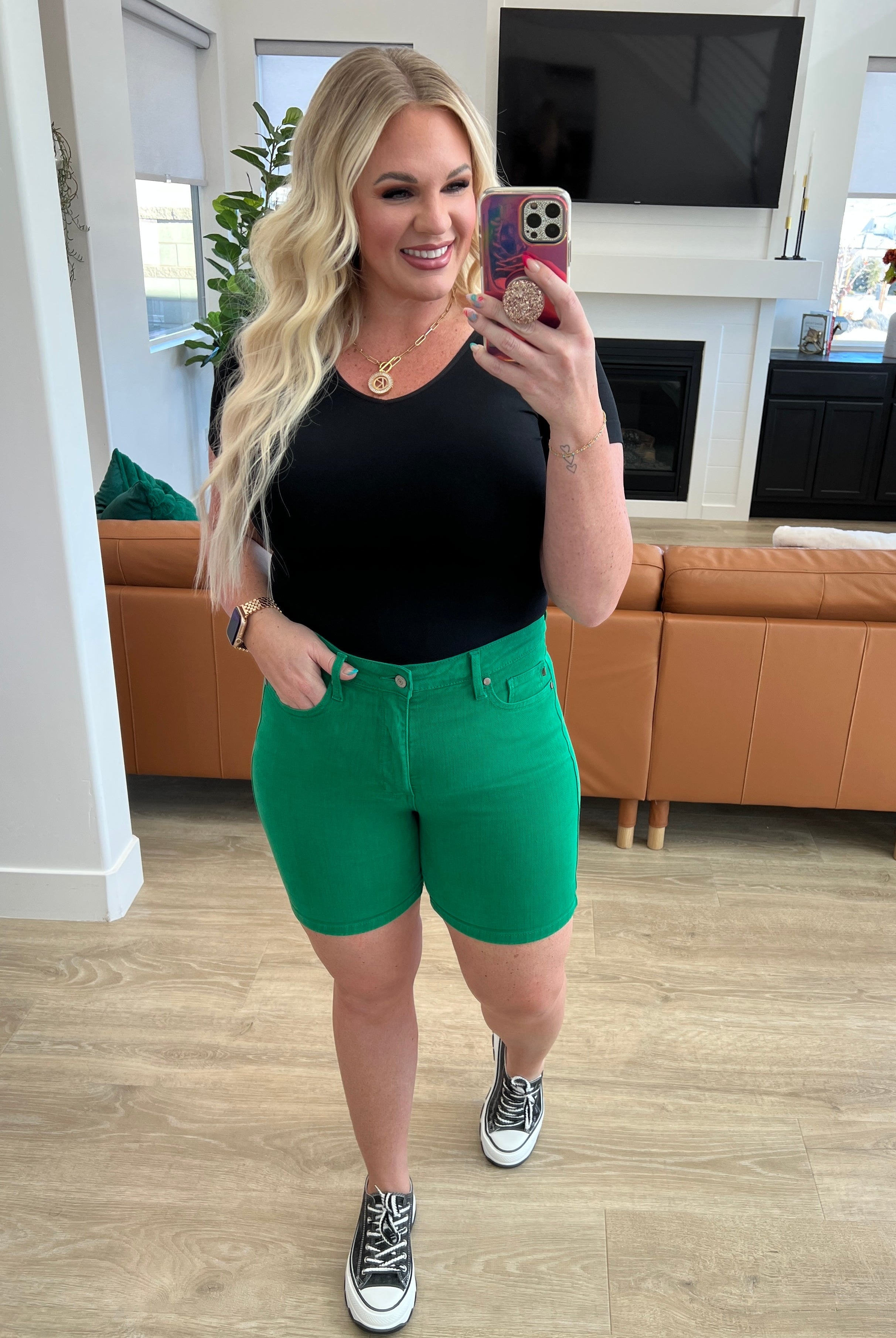 Jenna High Rise Control Top Cuffed Shorts in Green-Denim-Krush Kandy, Women's Online Fashion Boutique Located in Phoenix, Arizona (Scottsdale Area)
