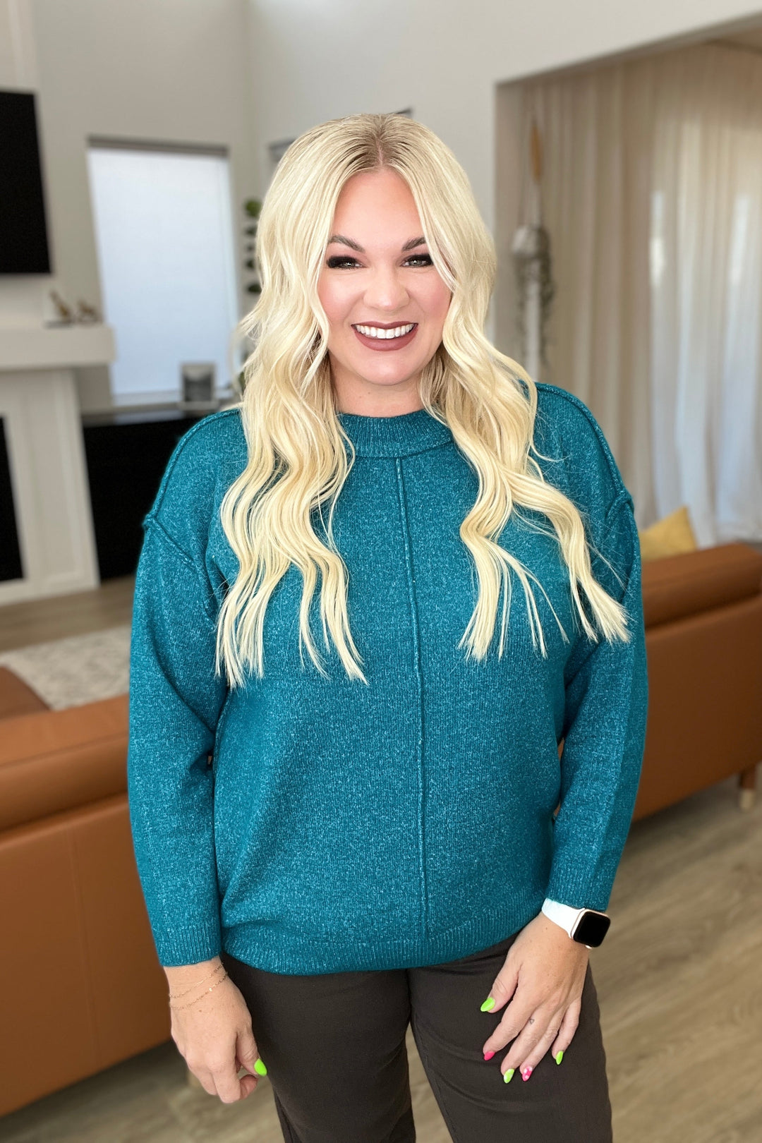 Garment Dyed Front Seam Sweater in Heather Ocean Teal-Sweaters-Krush Kandy, Women's Online Fashion Boutique Located in Phoenix, Arizona (Scottsdale Area)